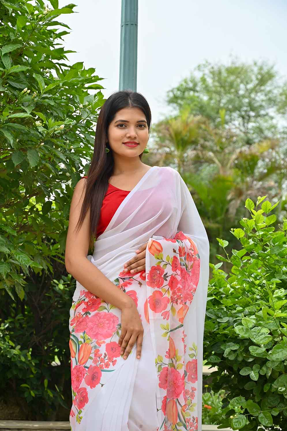 Jasmine Print White Floral Saree