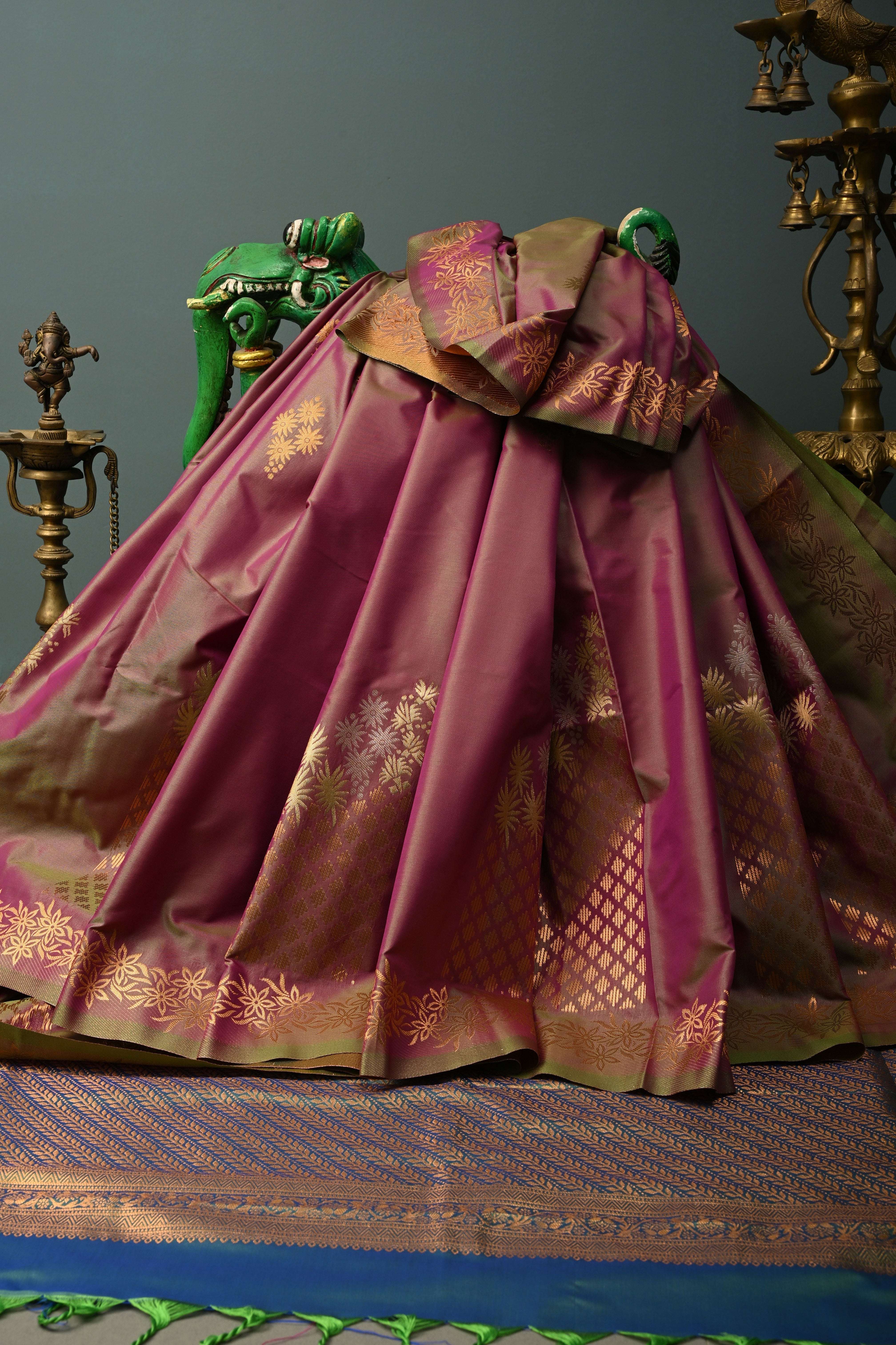 Pink-Green Kanchi Semi Silk Saree with Floral Zari Buttas and Gold-Silver Motifs on Border | Shobitam