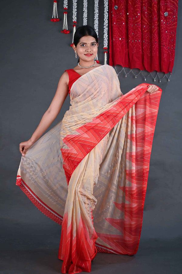 Beautiful Red and Beige moss chiffon one minute ready made saree and readymade blouse - Isadora Life