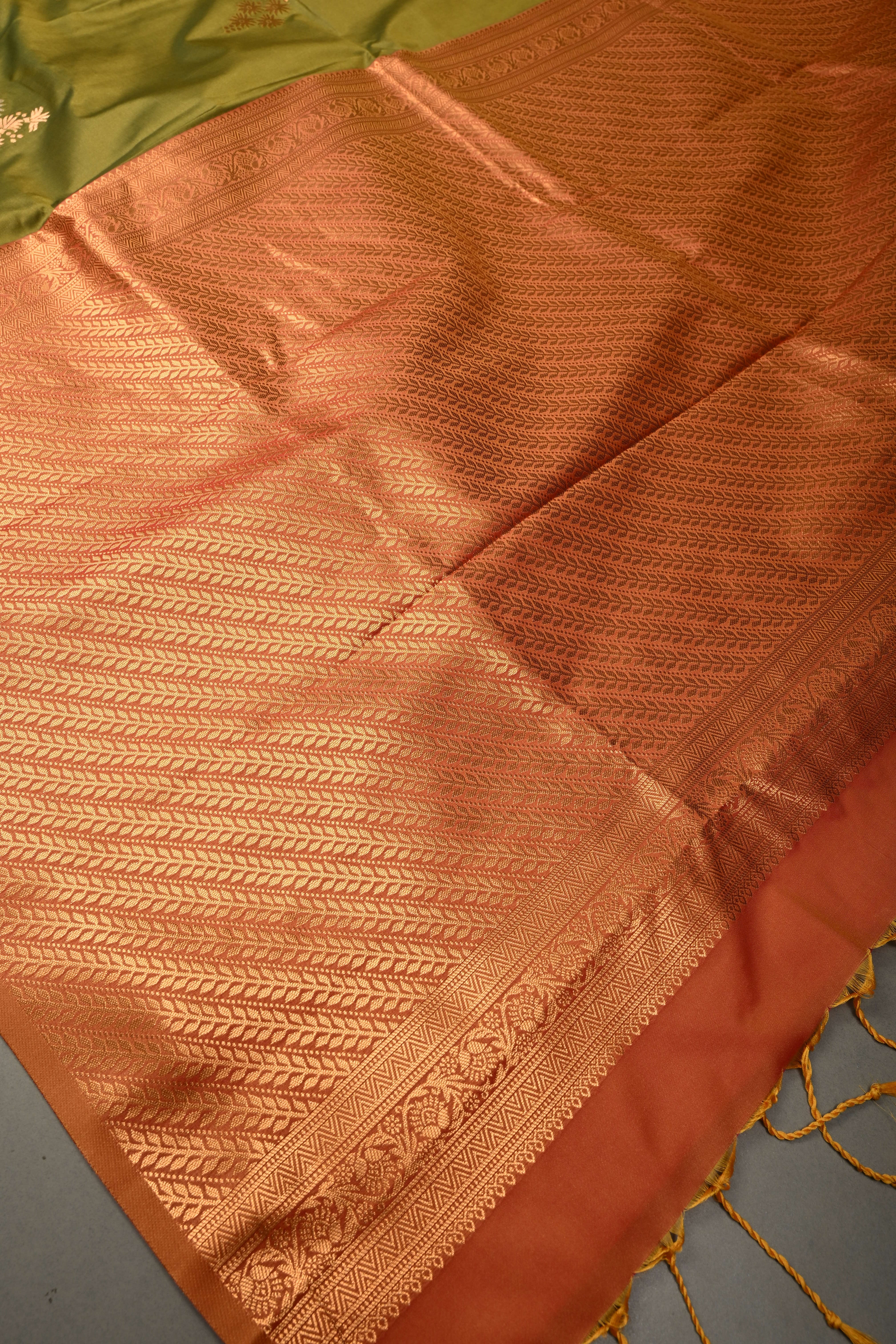 Henna Green Kanchi Semi Silk Saree with Floral Zari Buttas and Gold-Silver Motifs on Border | Shobitam