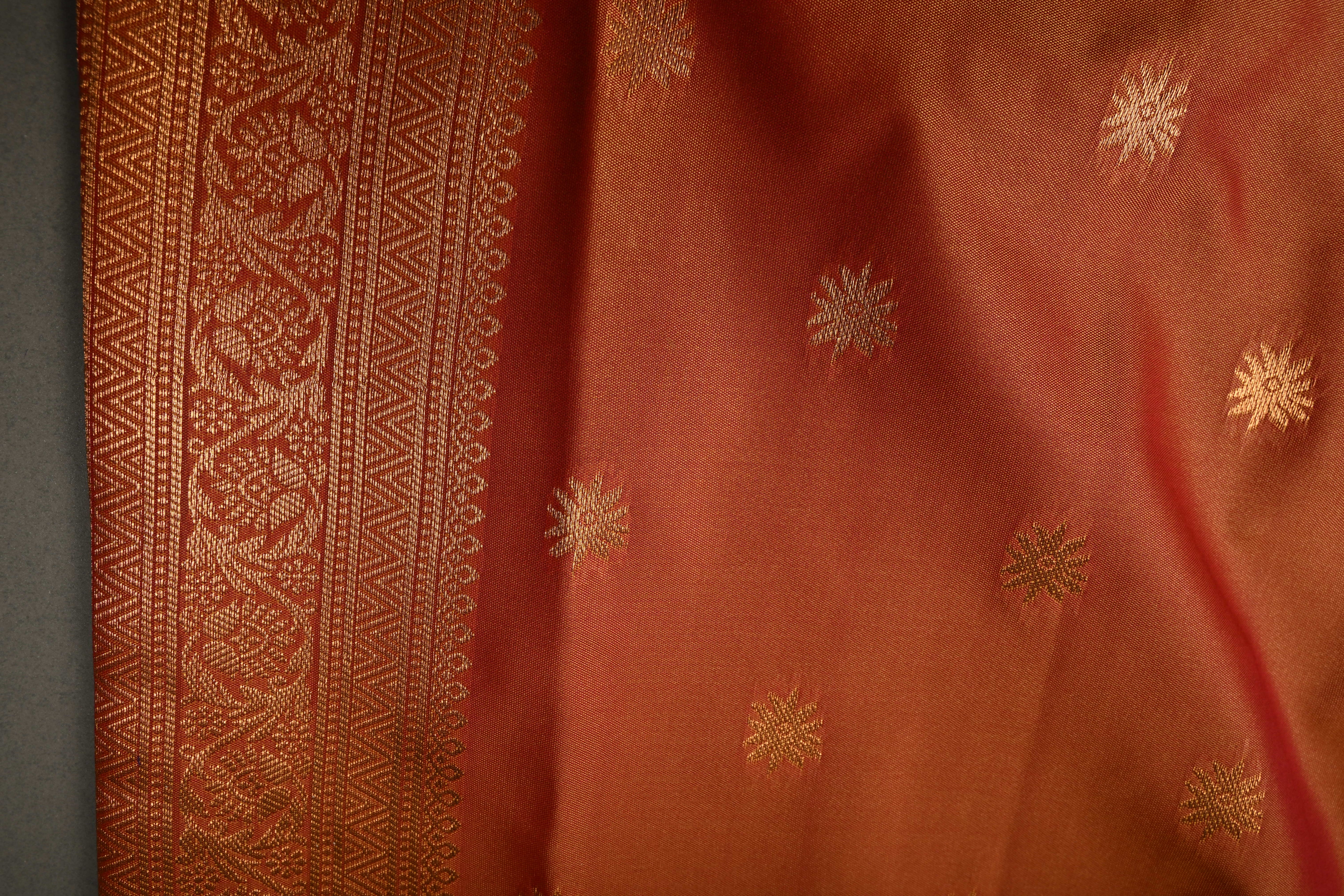 Henna Green Kanchi Semi Silk Saree with Floral Zari Buttas and Gold-Silver Motifs on Border | Shobitam