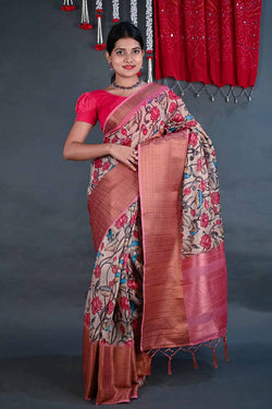 Ready to wear madhubani print with zari woven border and Tassels Wrap in 1 minute saree - Isadora Life