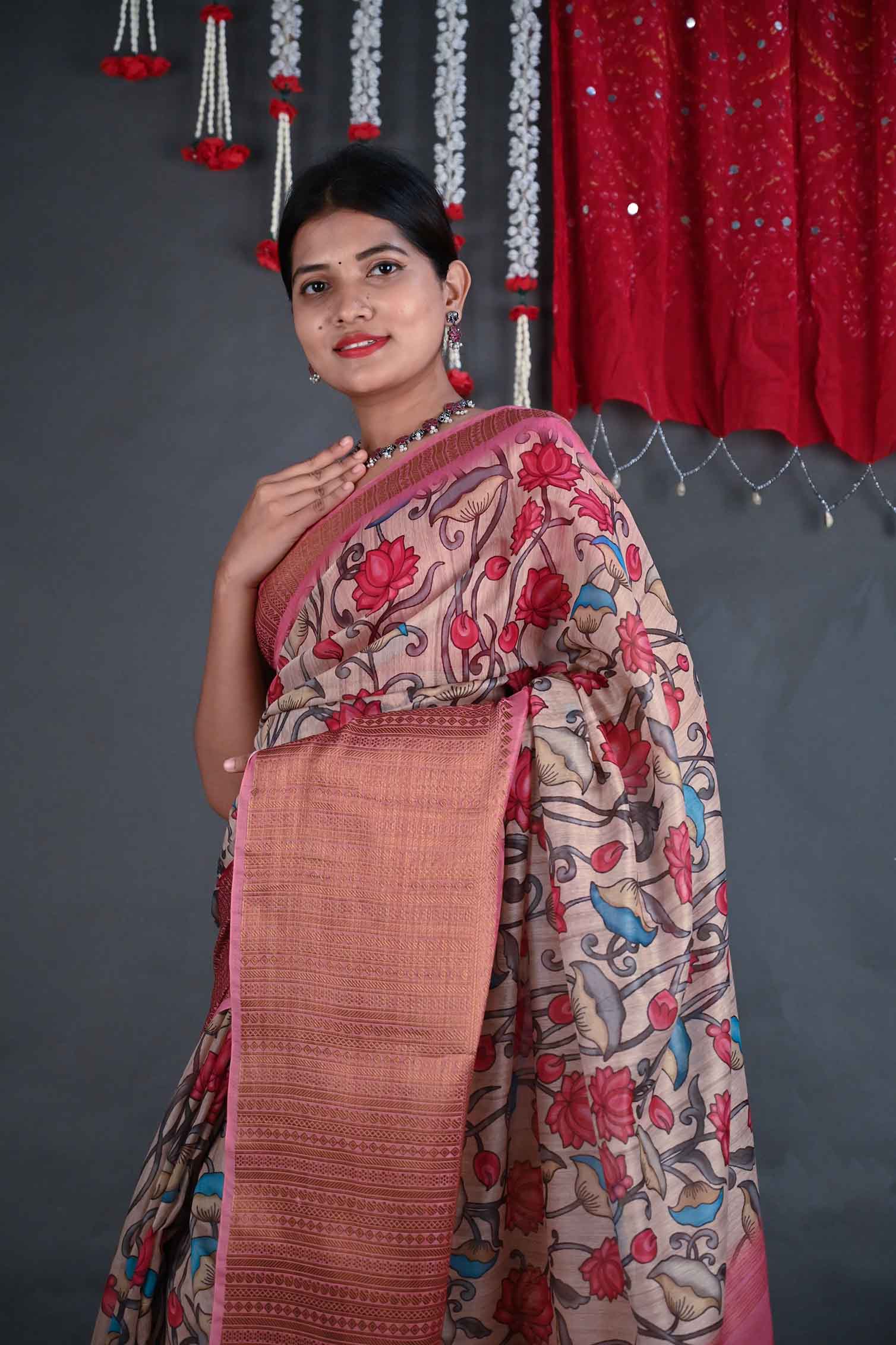 Ready to wear madhubani print with zari woven border and Tassels Wrap in 1 minute saree - Isadora Life
