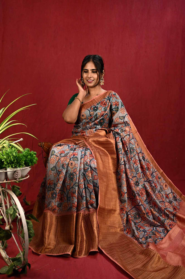 Ready To Wear Beautiful Madhubani Printed with Zari Woven Border and Pallu with Tassels Wrap in 1 minute saree - Isadora Life