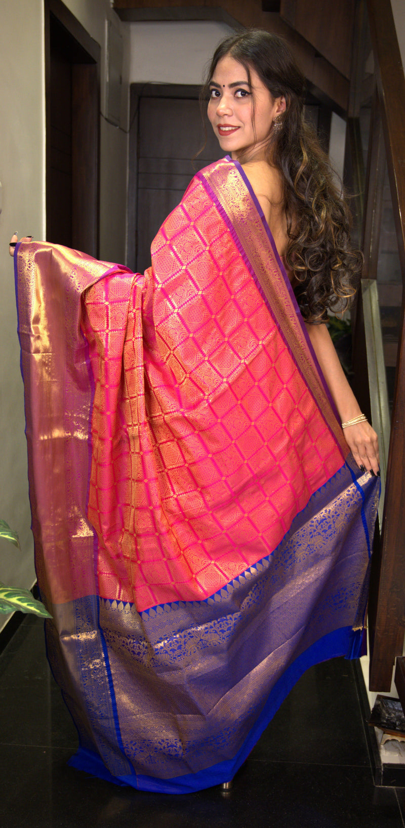 Pink & Golden Semi Silk Woven Design Kanjeevaram Wrap in 1 minute with ornate pallu - Isadora Life
