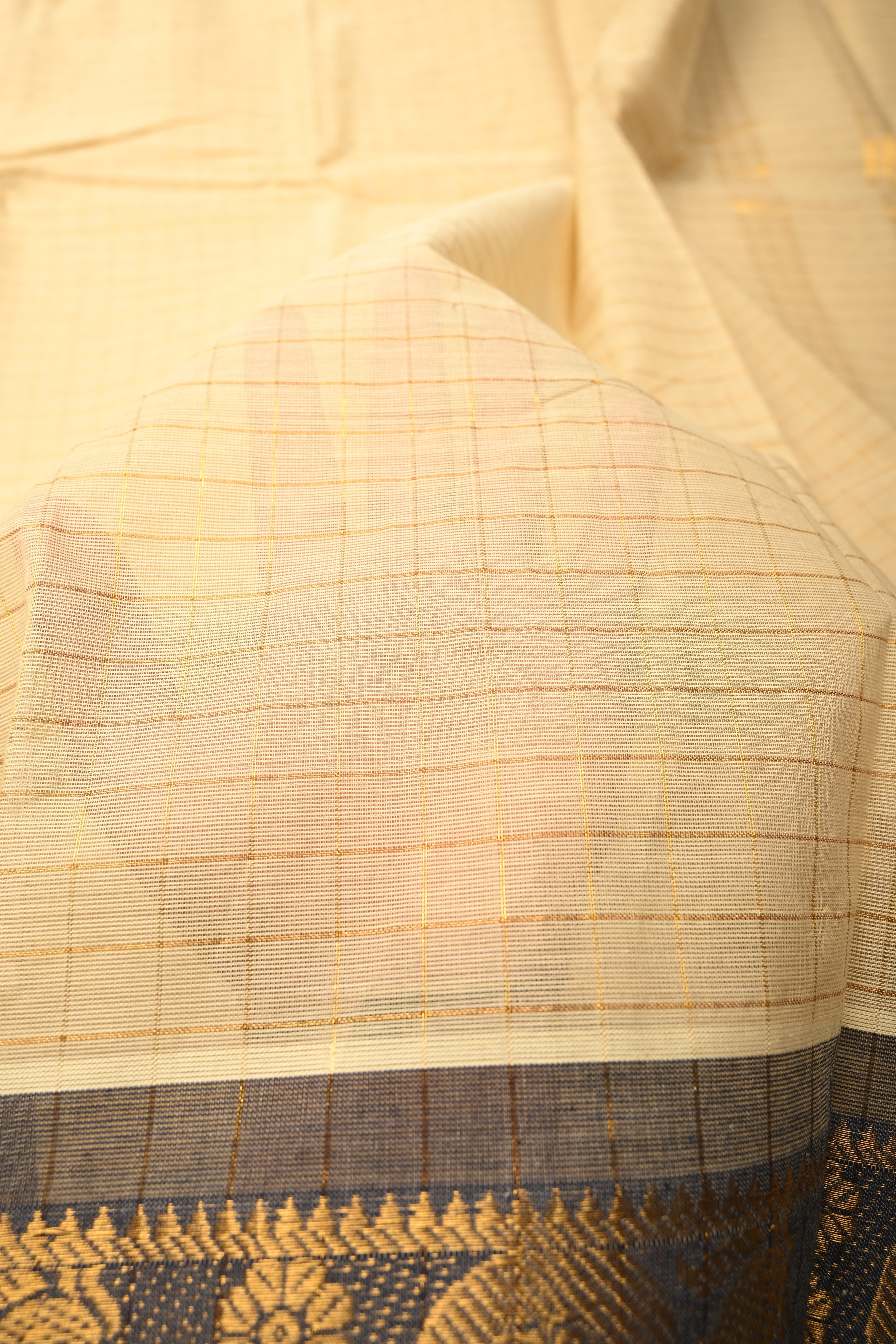 Beige Zari Checks on Chettinad Cotton Saree with Contrast Zari Border, No Blouse Piece | Shobitam