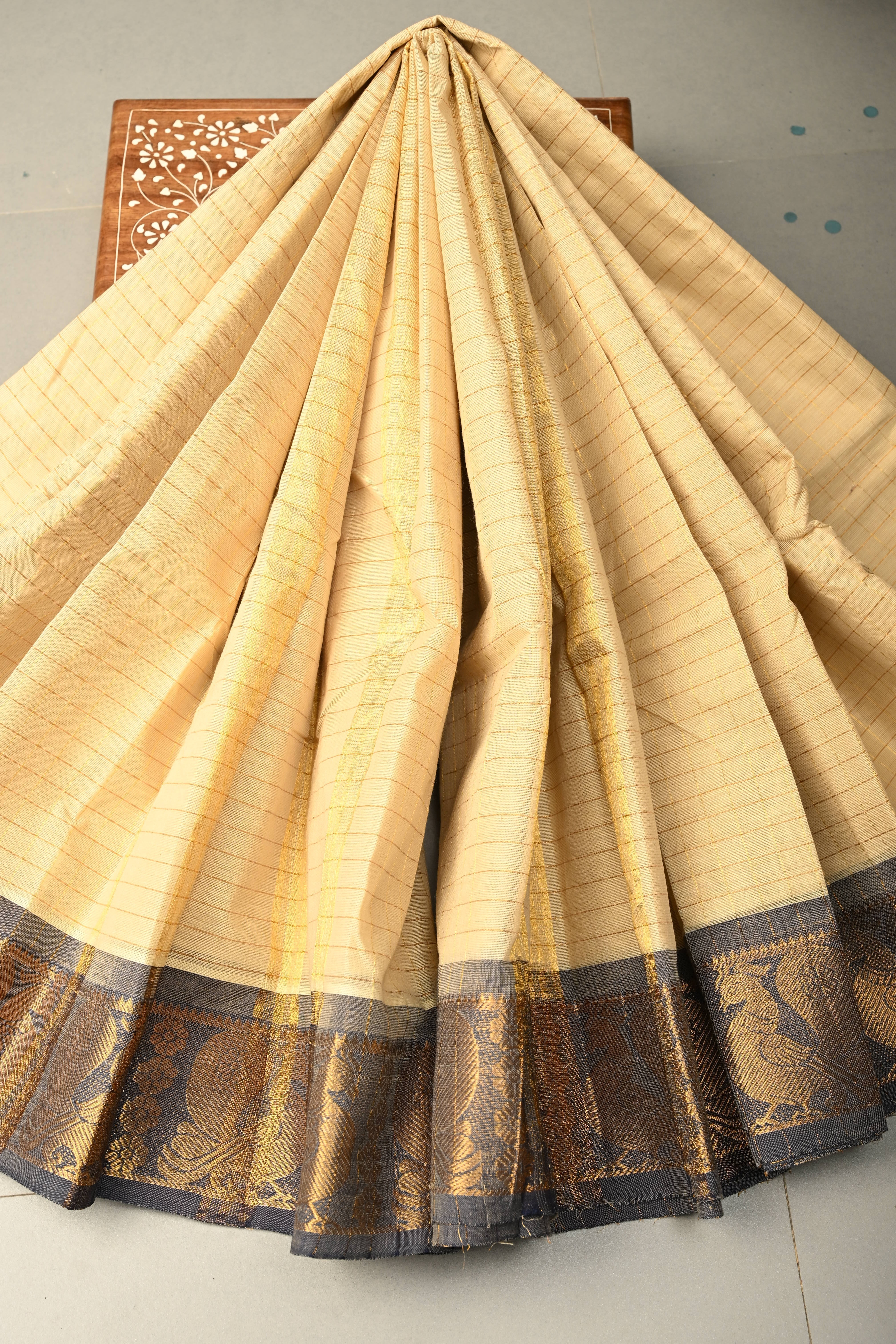 Beige Zari Checks on Chettinad Cotton Saree with Contrast Zari Border, No Blouse Piece | Shobitam