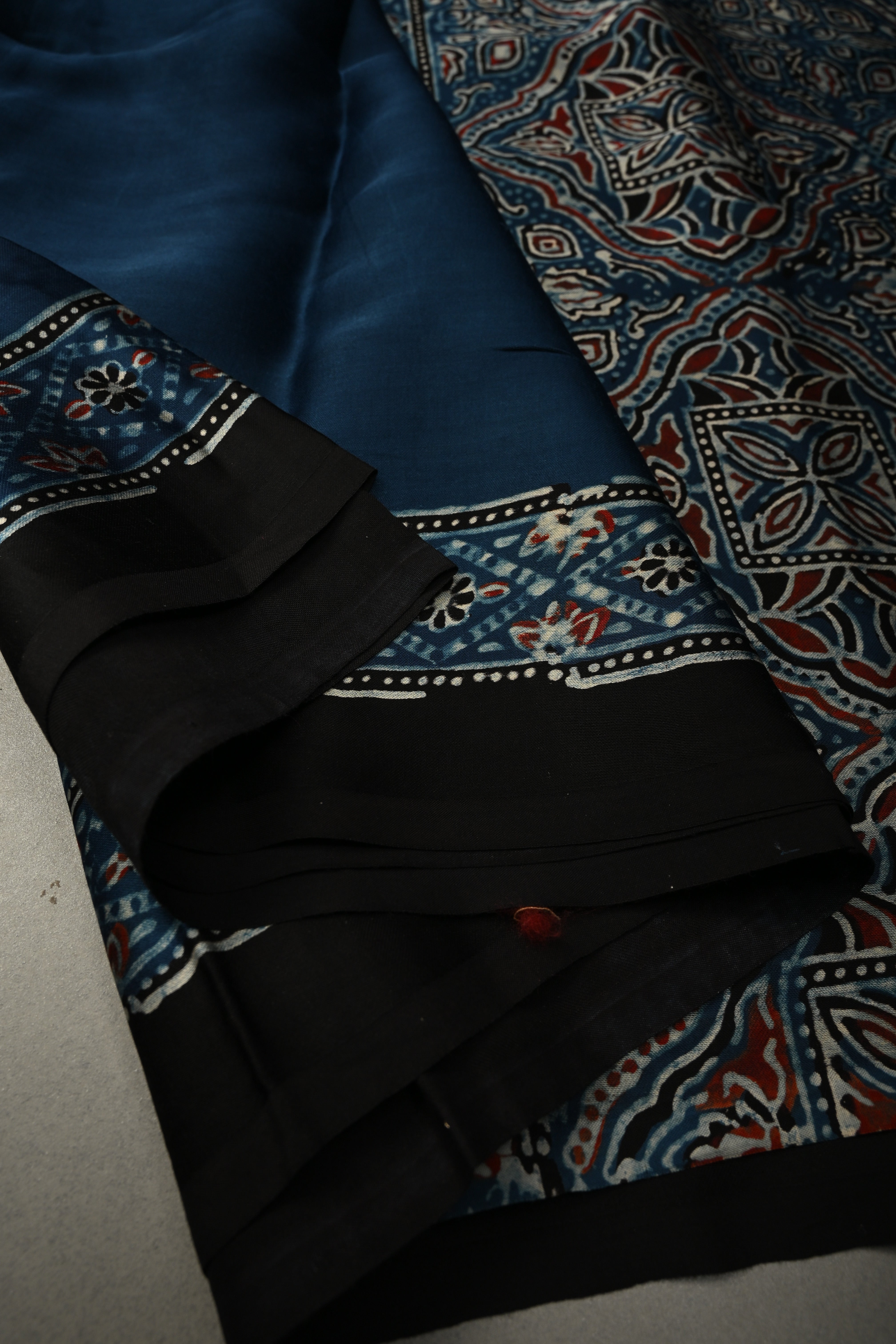 Inigo Modal Silk Saree with Black-White Polka Dots Hand Block Print and Ajrakh Border-Pallu | Shobitam