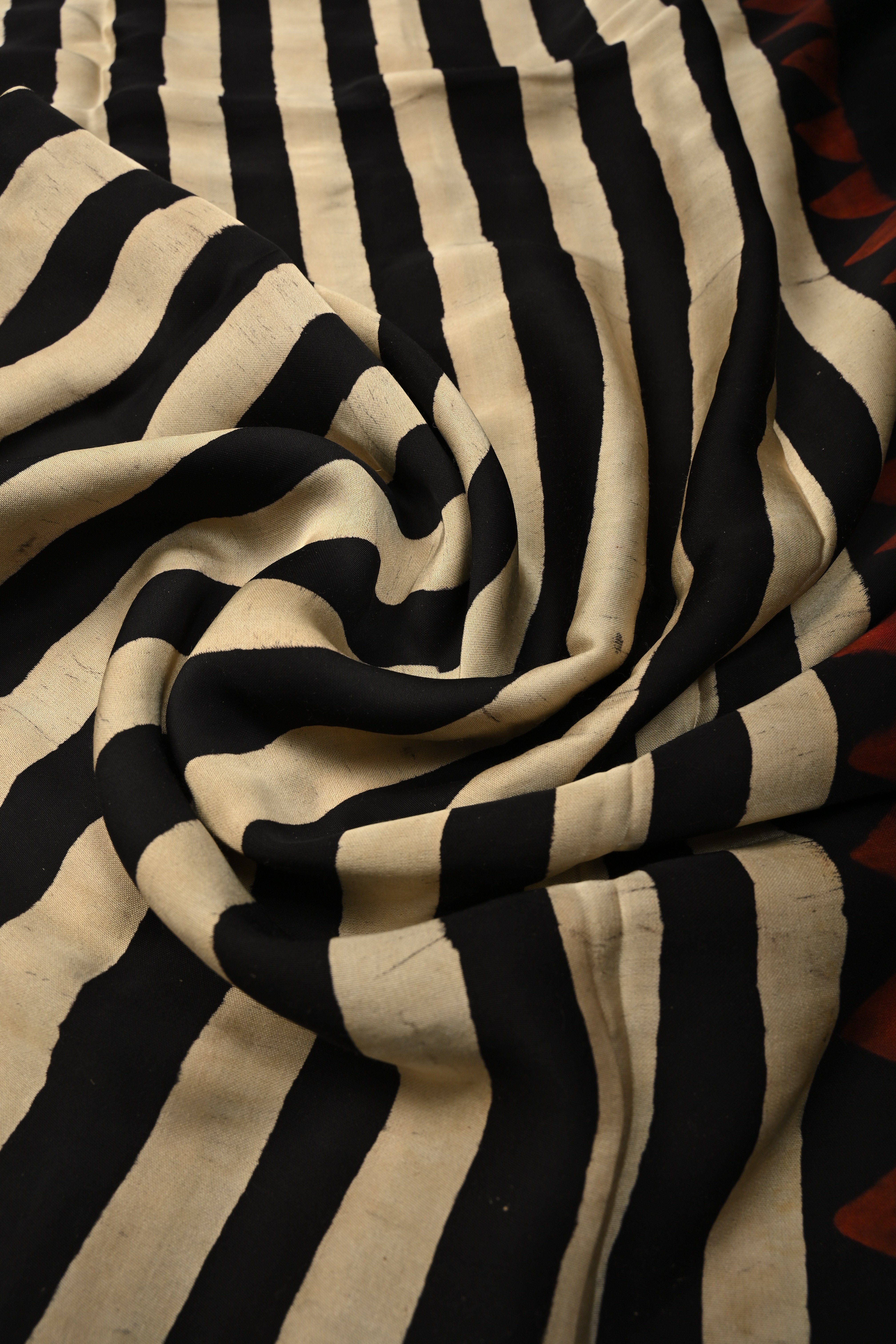 Black-White Borderless Modal Silk Saree with Stripes Hand Block Print and Checks Pattern Pallu | Shobitam