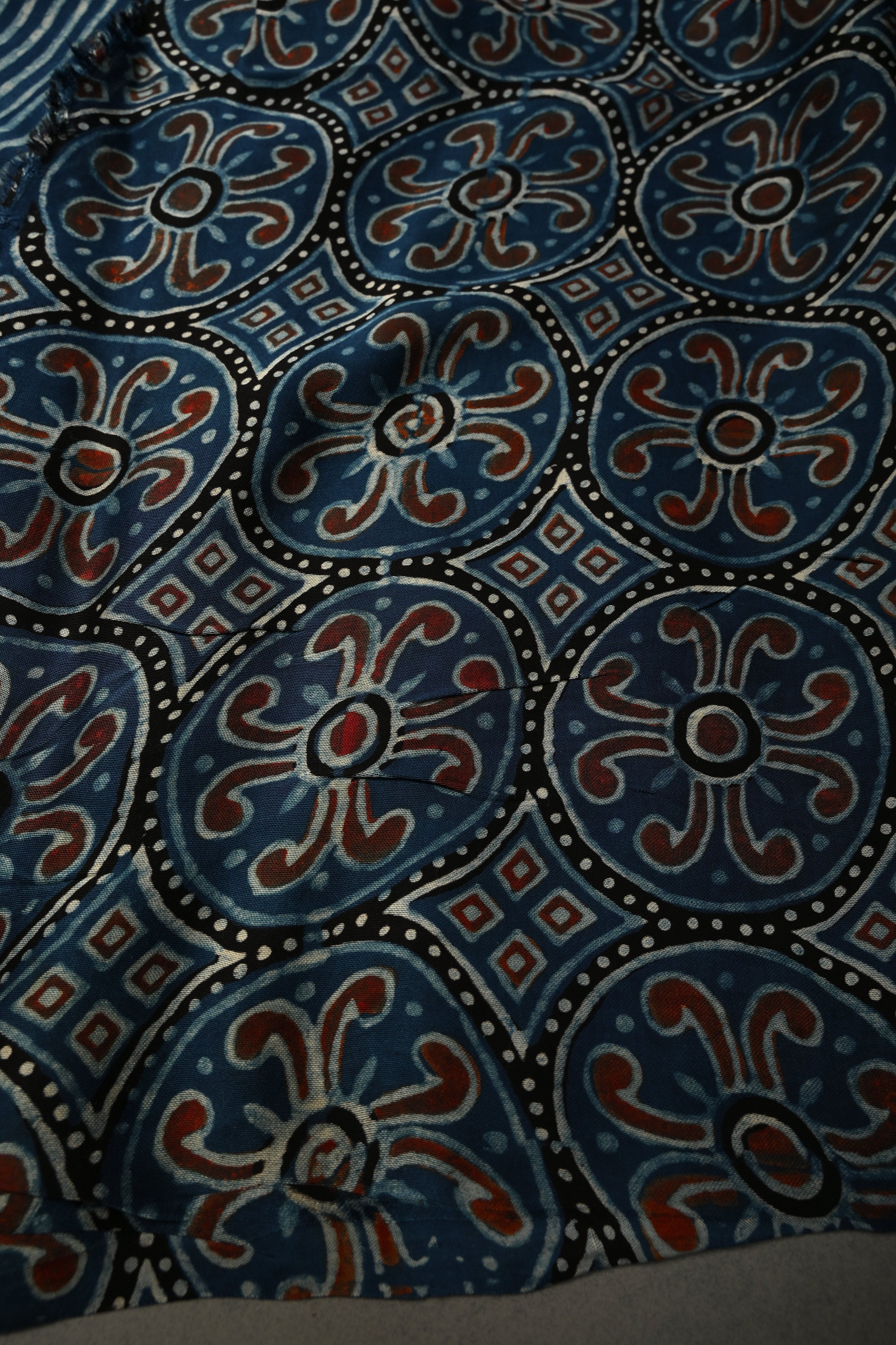 Indigo Modal Silk Saree with Stripes Hand Block Print and Polka Dots Border | Shobitam