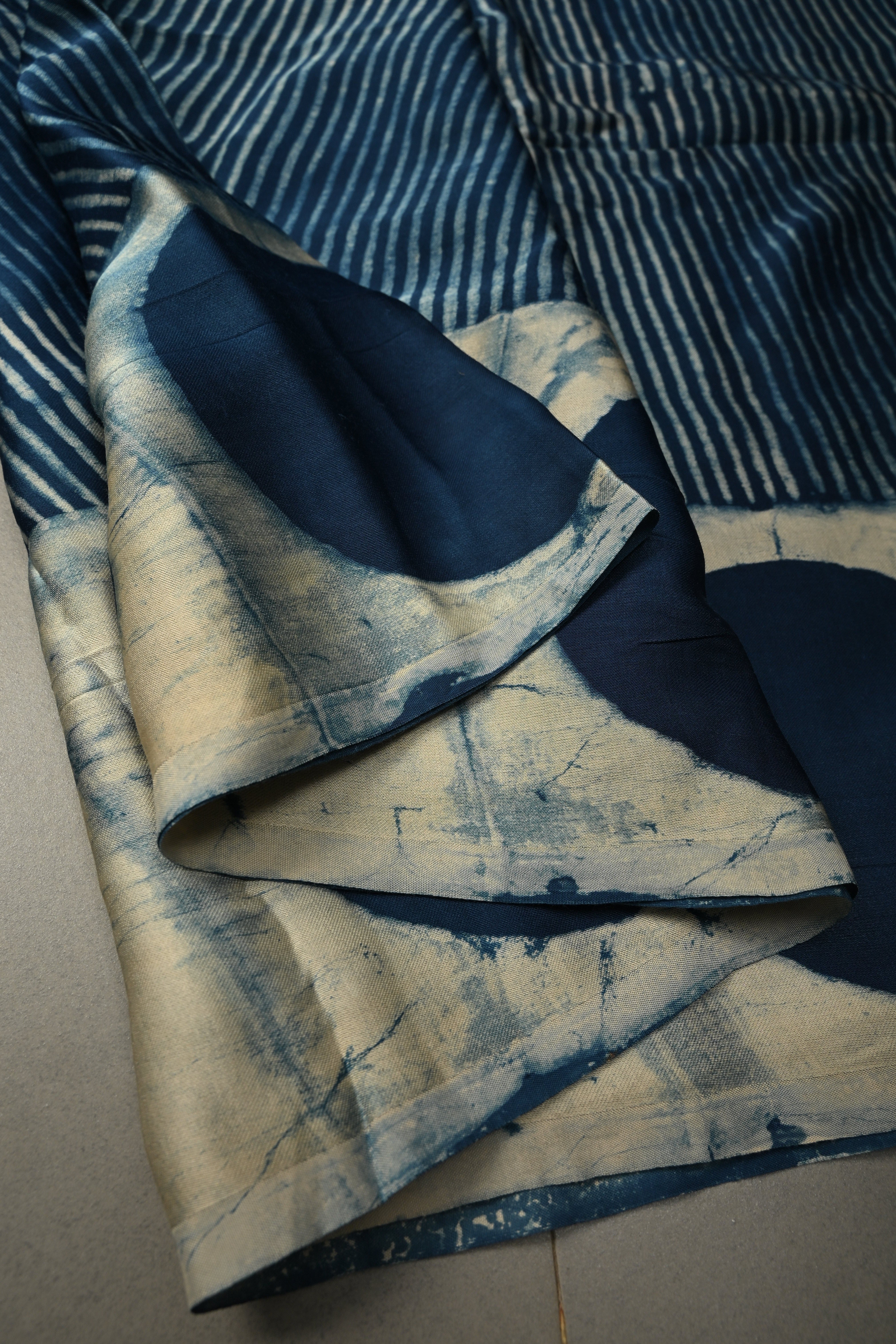Indigo Modal Silk Saree with Stripes Hand Block Print and Polka Dots Border | Shobitam
