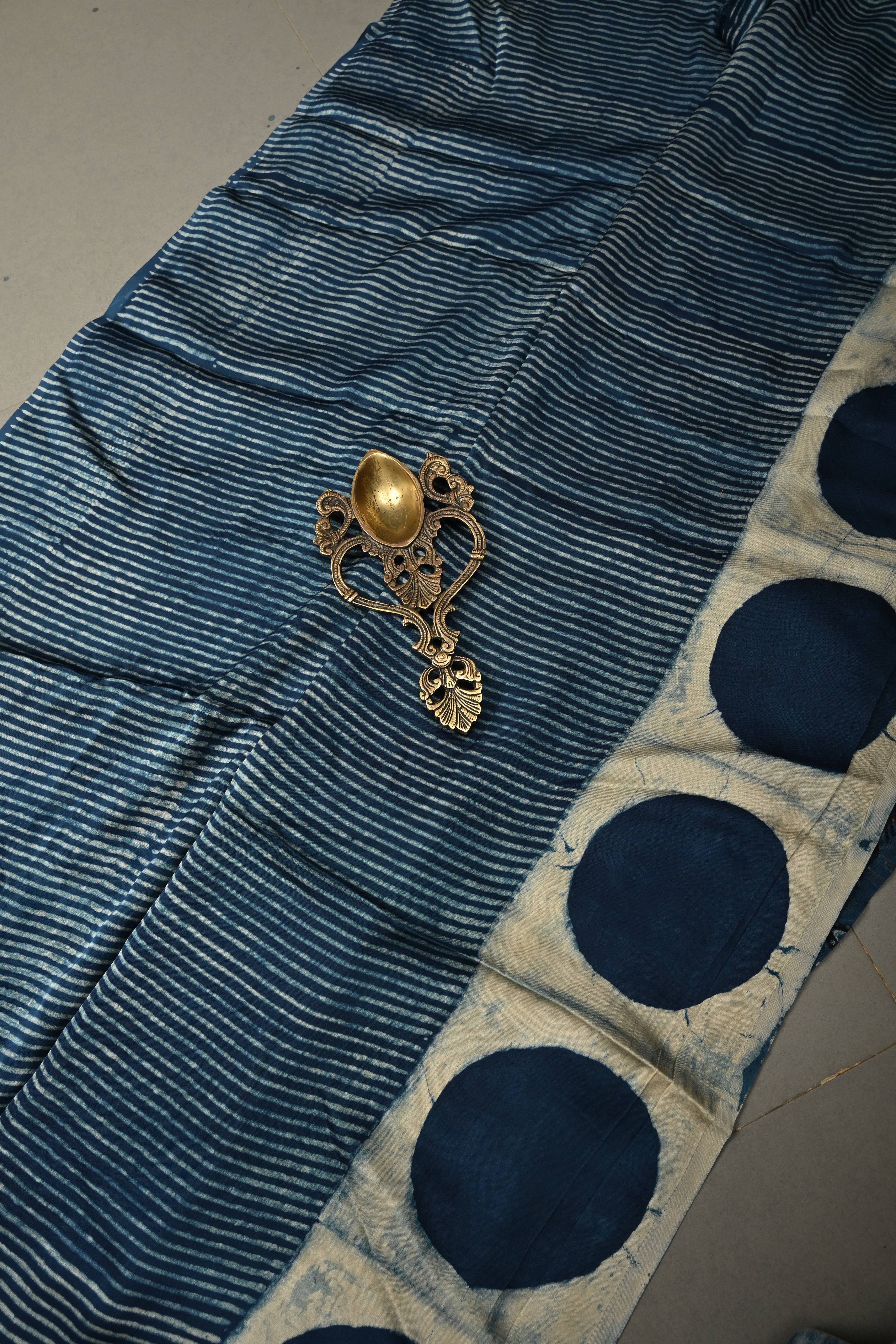 Indigo Modal Silk Saree with Stripes Hand Block Print and Polka Dots Border | Shobitam