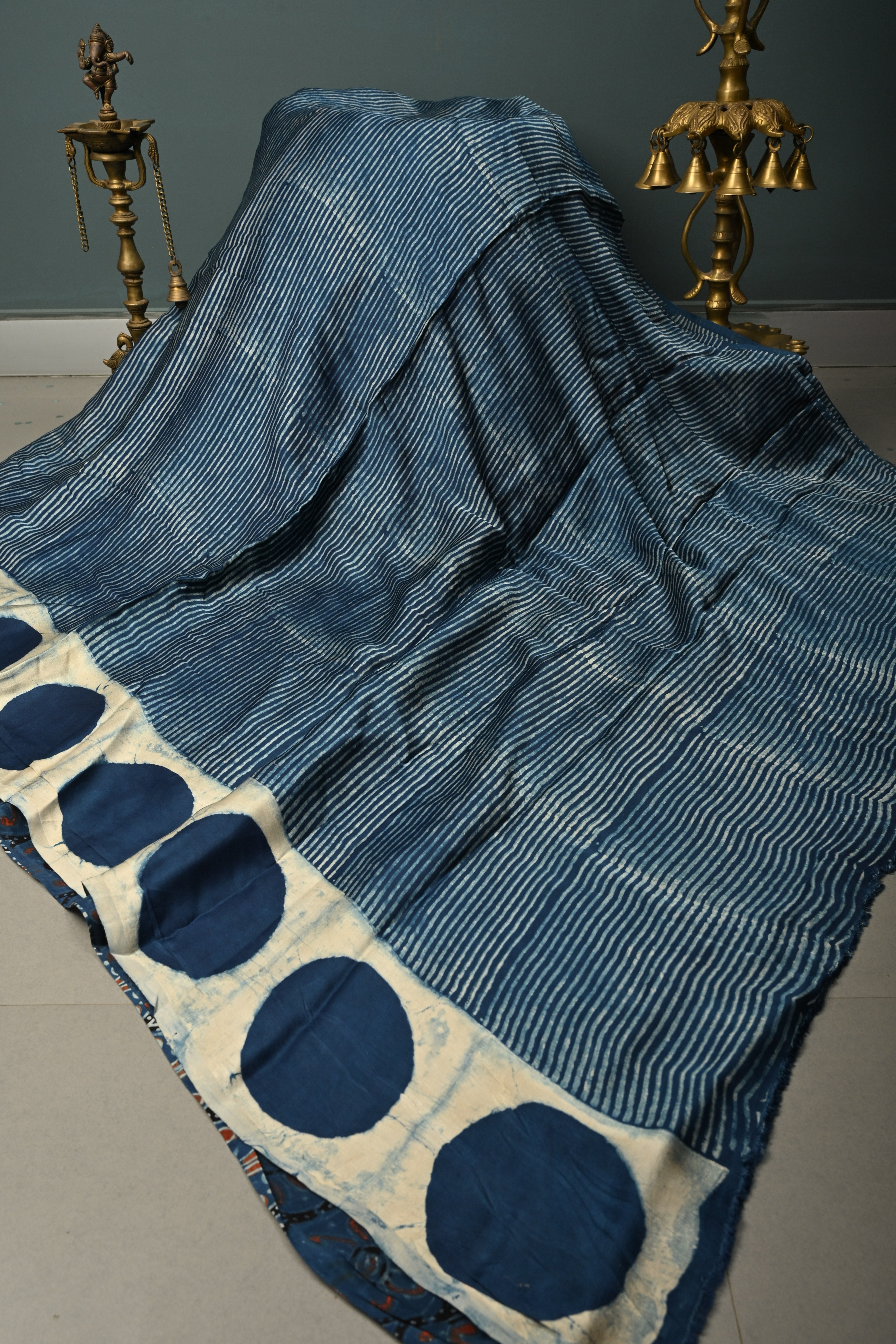 Indigo Modal Silk Saree with Stripes Hand Block Print and Polka Dots Border | Shobitam