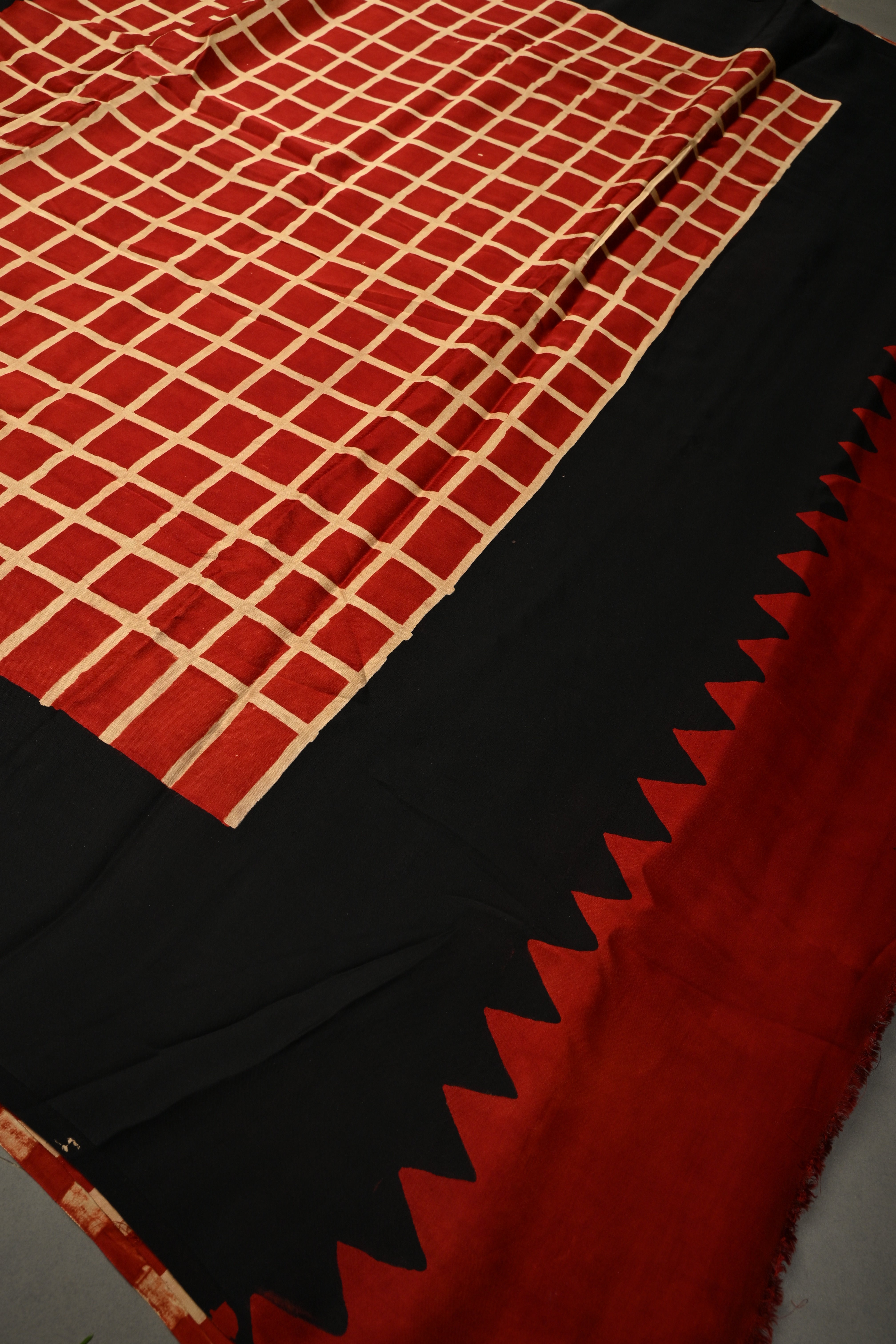 Beige-Red Borderless Modal Silk Saree with Stripes Hand Block Print and Contrast Black Checks Pattern Pallu | Shobitam