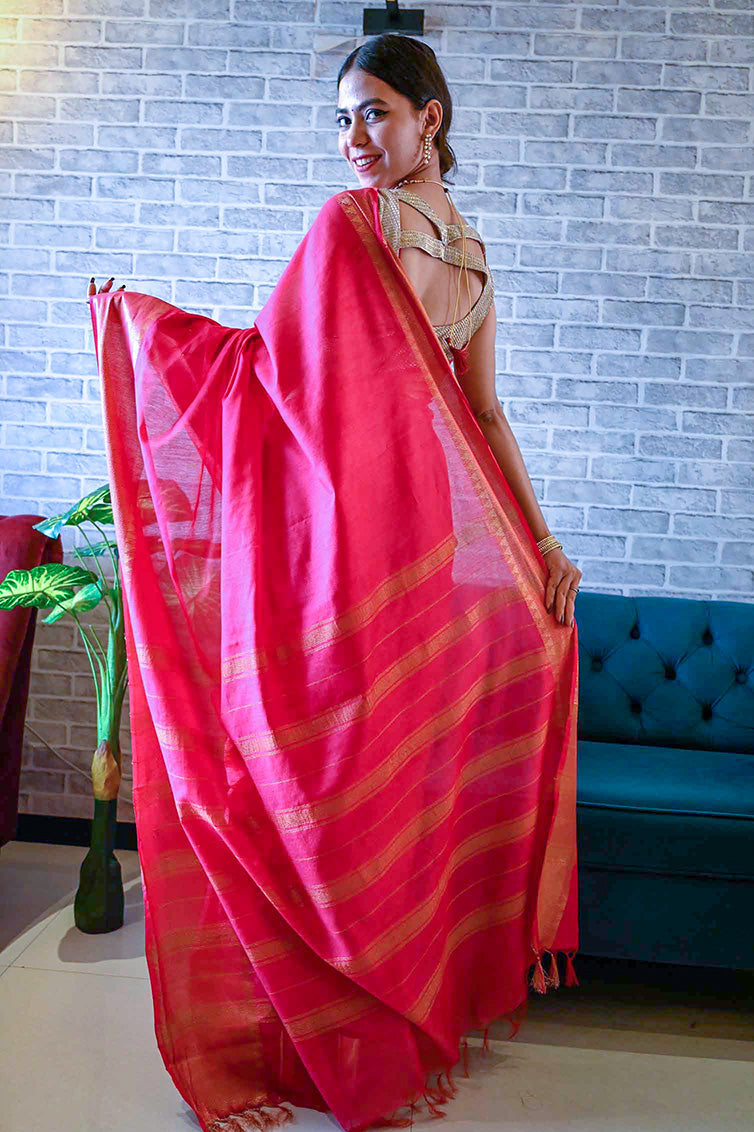 Ready To Wear Red south cotton silk With Zari Temple Border Wrap in 1 minute saree - Isadora Life