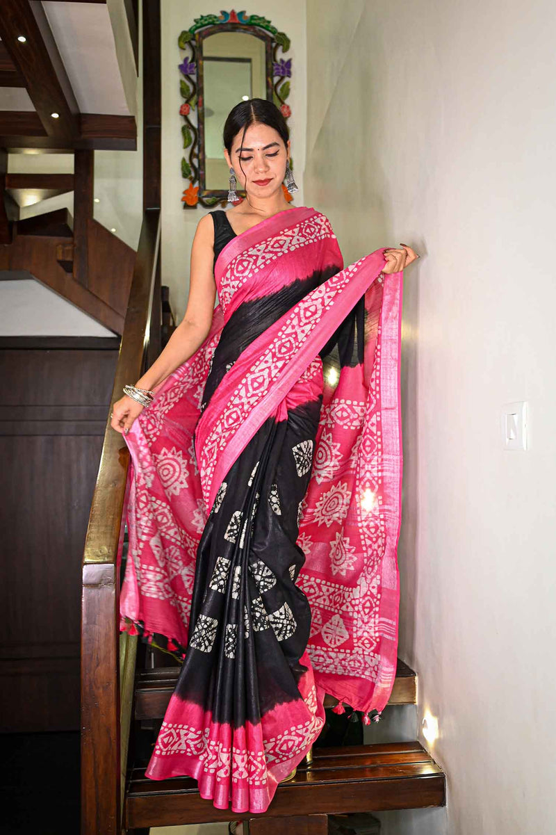 Ready To Wear Cotton Silk Pink & Black Handblock Printed With Tassels on Pallu  Wrap in 1 minute saree - Isadora Life