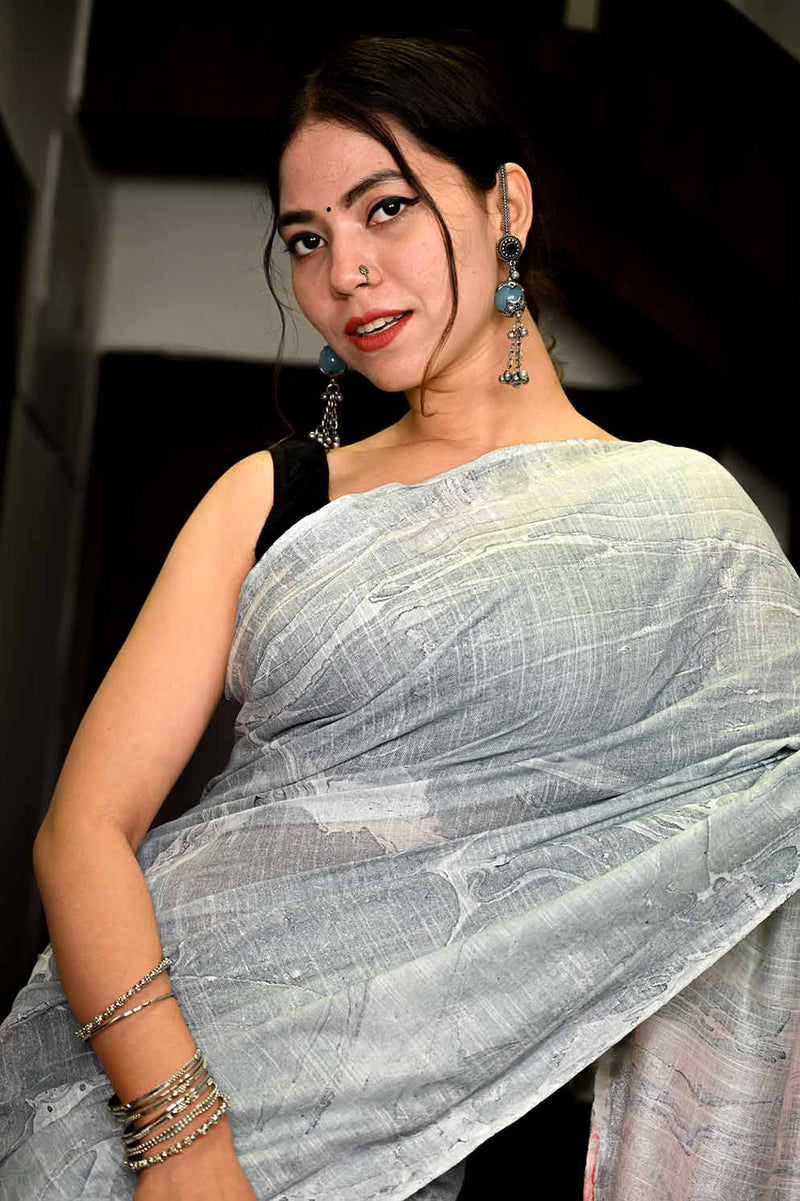 Ready To Wear Ravishing Grey with Marble Printed Pallu   Wrap in 1 minute saree - Isadora Life