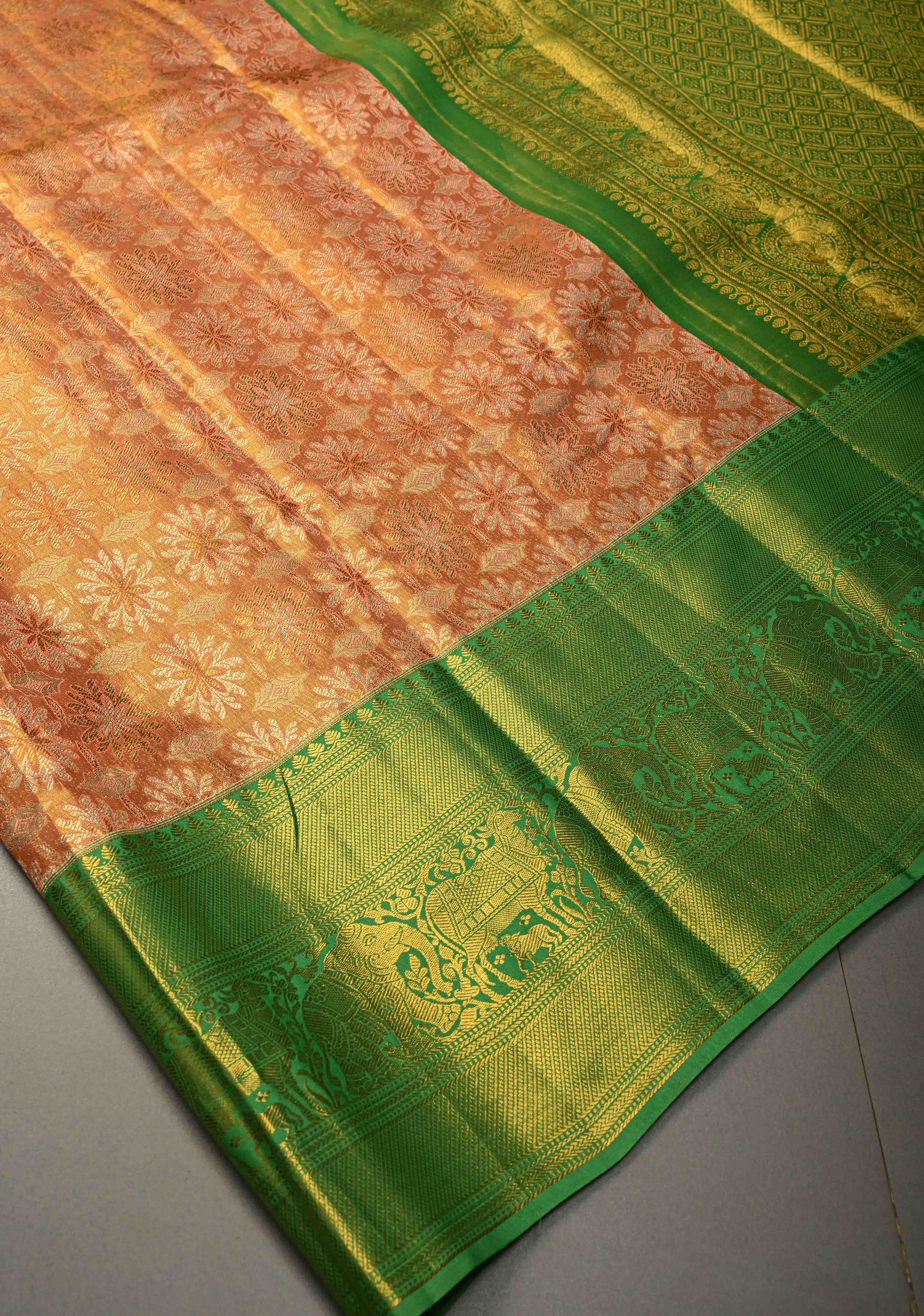 Peach Kanjivaram Tissue Semi Silk Saree with Meenakari Floral Brocade Jaal and Contrast Zari Border | Shobitam