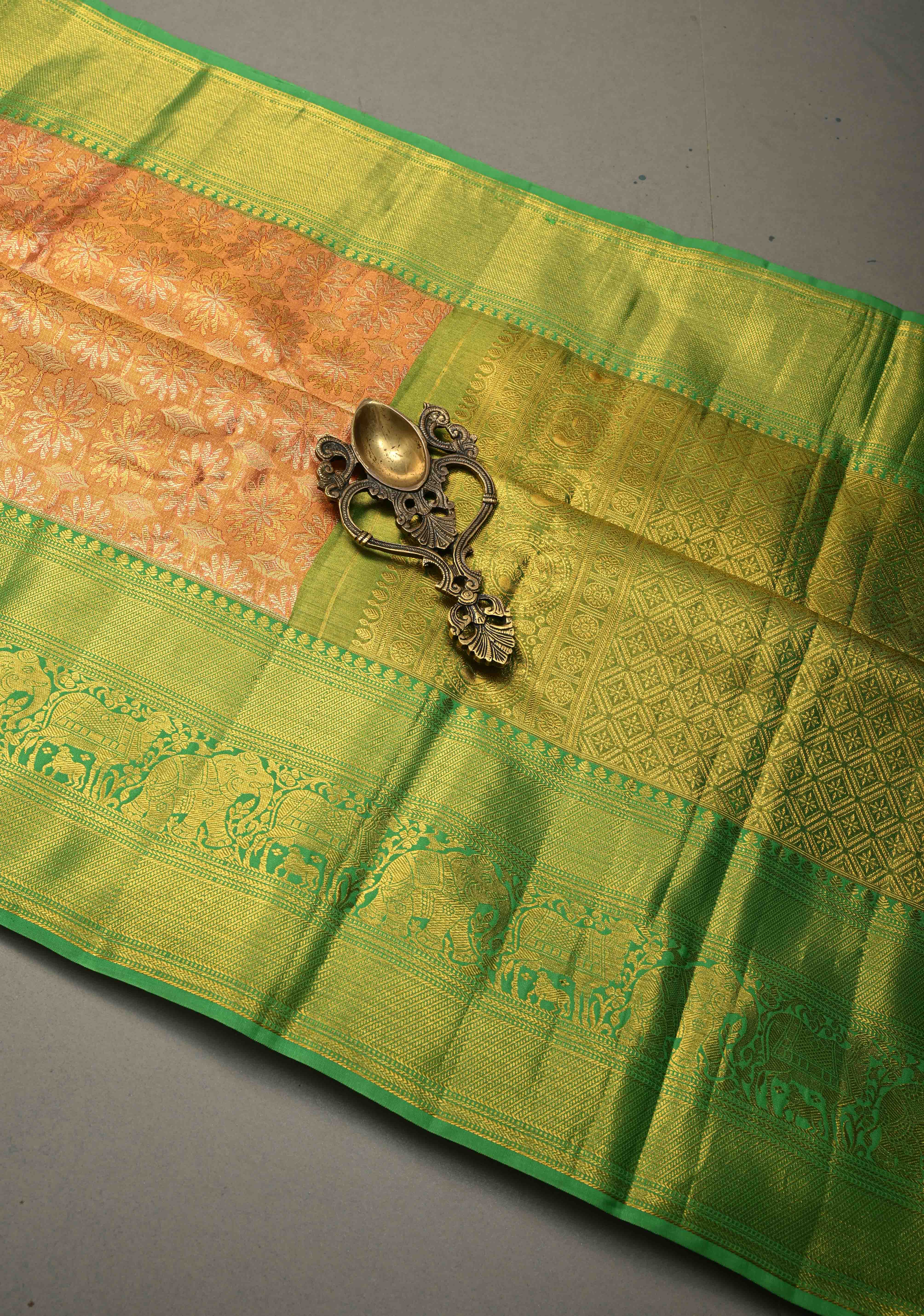 Peach Kanjivaram Tissue Semi Silk Saree with Meenakari Floral Brocade Jaal and Contrast Zari Border | Shobitam