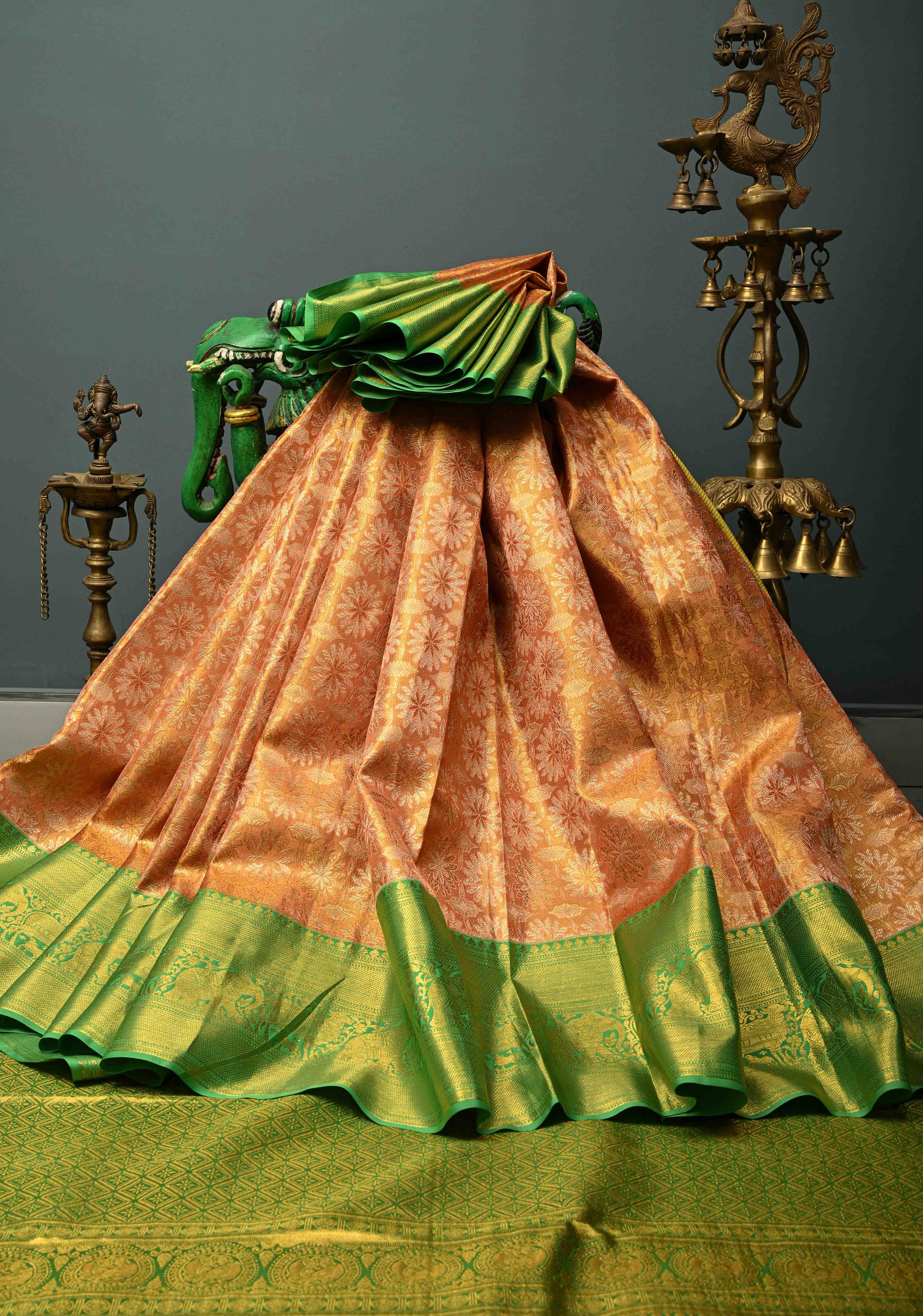Peach Kanjivaram Tissue Semi Silk Saree with Meenakari Floral Brocade Jaal and Contrast Zari Border | Shobitam