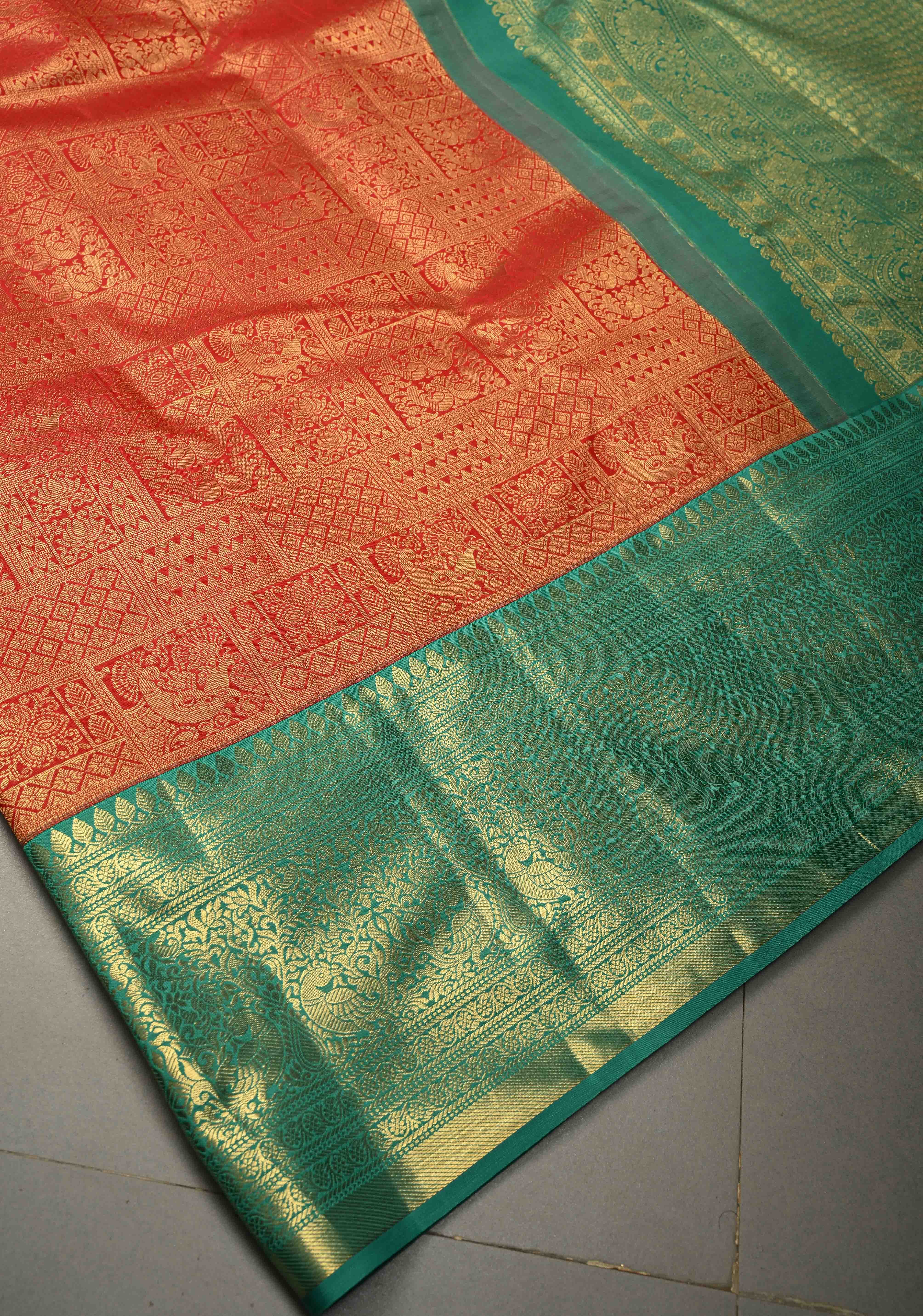 Blood Red Kanjivaram Semi Silk Saree with Zari Brocade and Contrast Zari Border | Shobitam