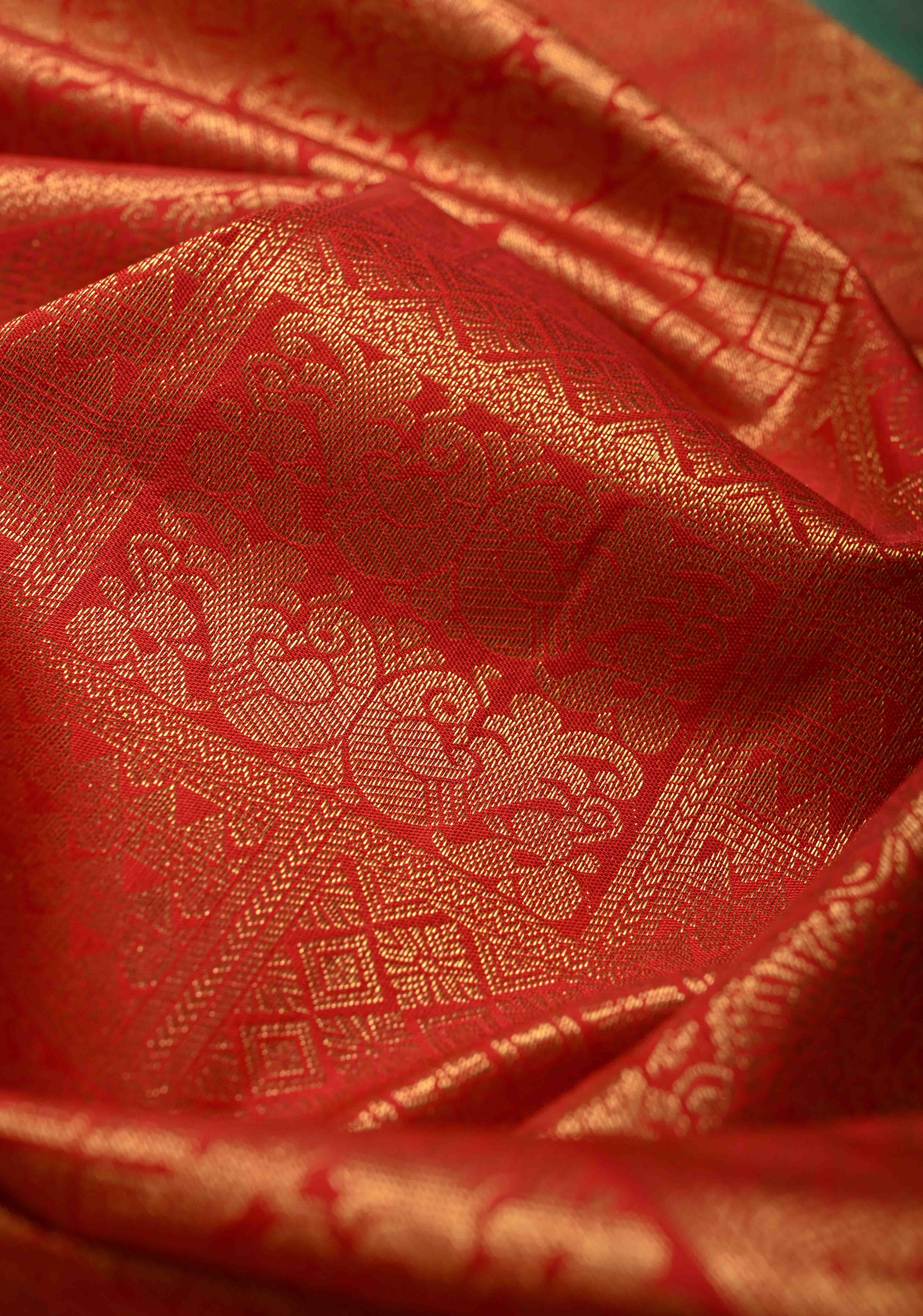 Blood Red Kanjivaram Semi Silk Saree with Zari Brocade and Contrast Zari Border | Shobitam