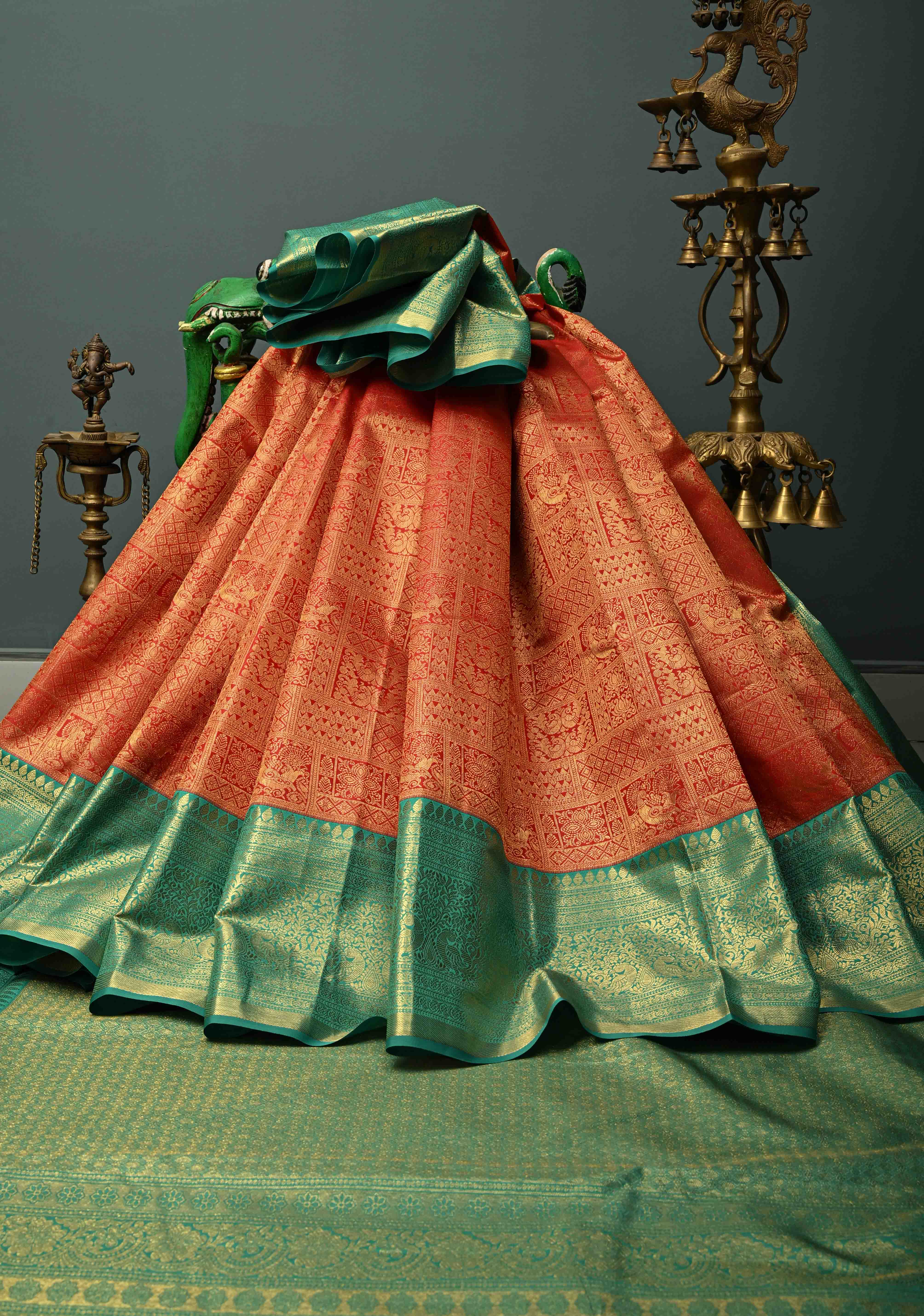 Blood Red Kanjivaram Semi Silk Saree with Zari Brocade and Contrast Zari Border | Shobitam