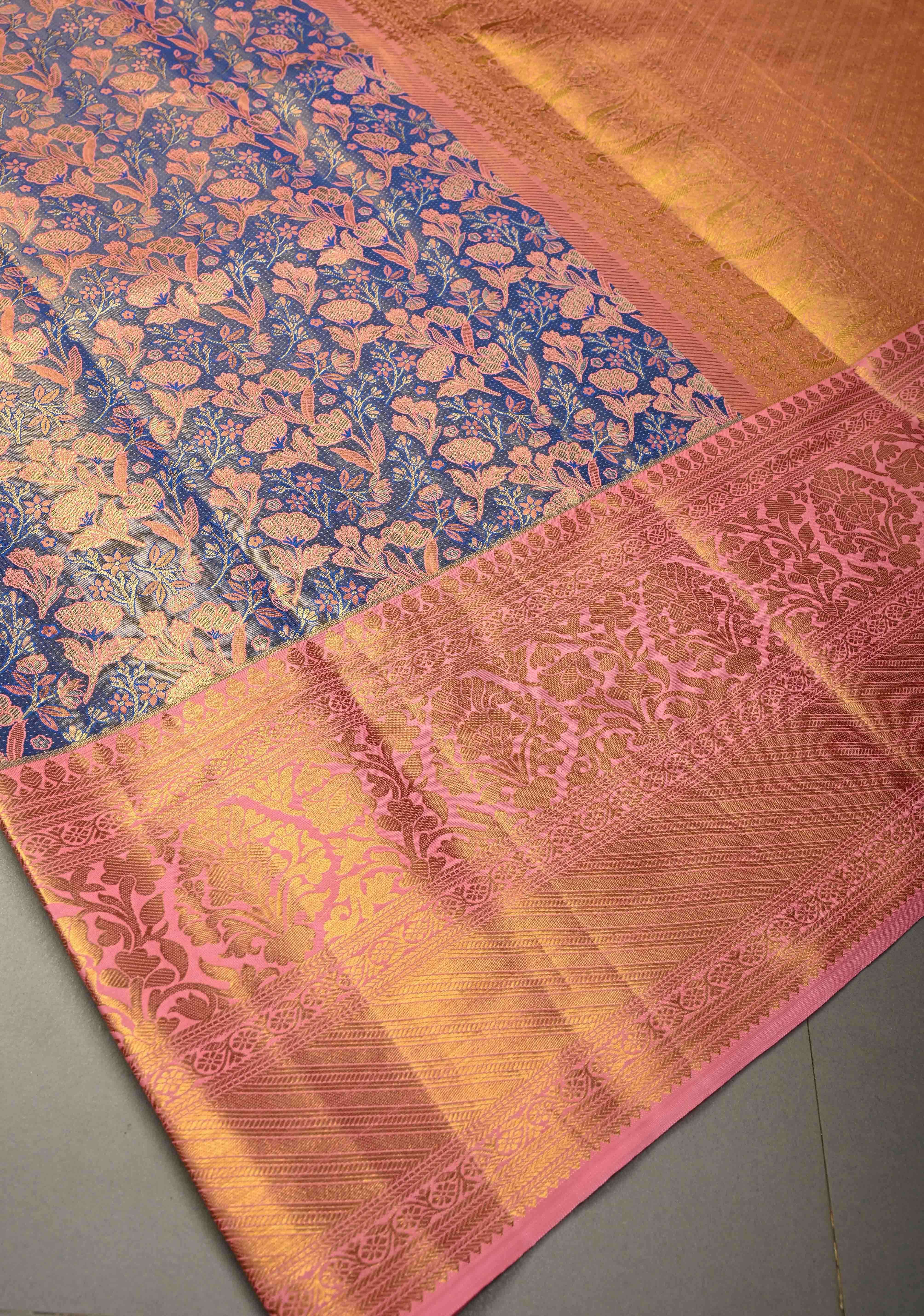 Light Blue Kanjivaram Tissue Semi Silk Saree with Meenakari Floral Brocade Jaal and Contrast Zari Border | Shobitam