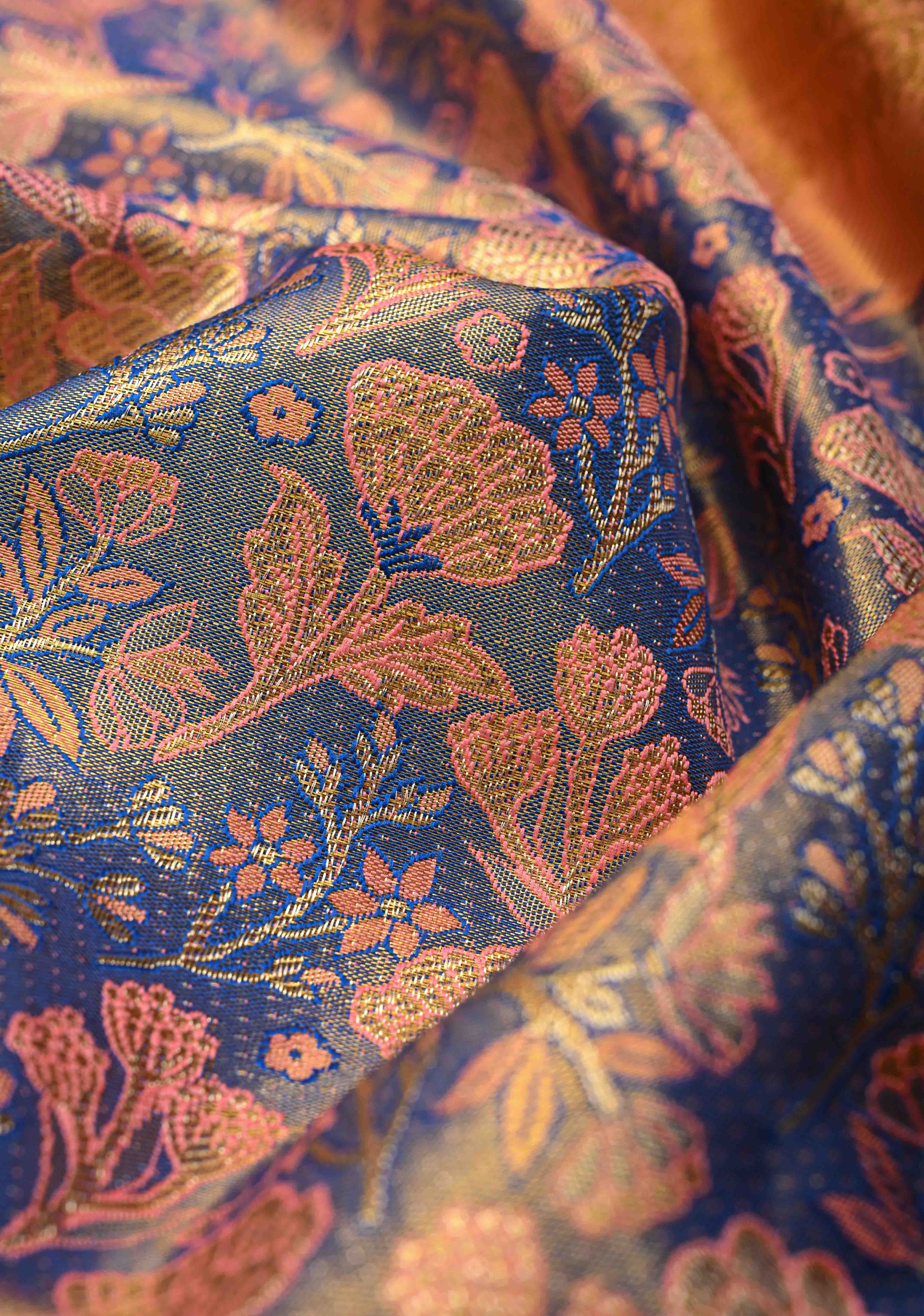 Light Blue Kanjivaram Tissue Semi Silk Saree with Meenakari Floral Brocade Jaal and Contrast Zari Border | Shobitam