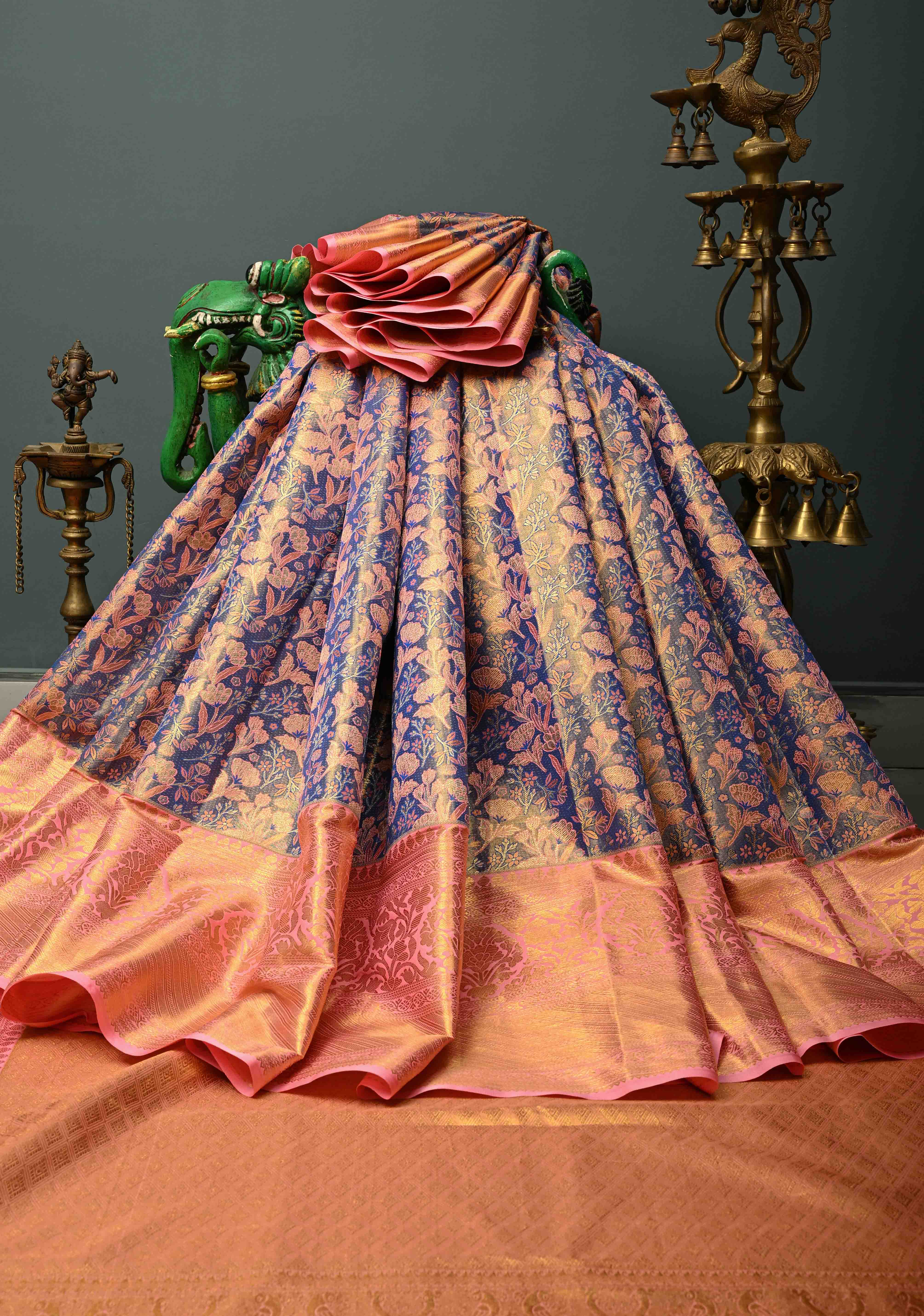 Light Blue Kanjivaram Tissue Semi Silk Saree with Meenakari Floral Brocade Jaal and Contrast Zari Border | Shobitam