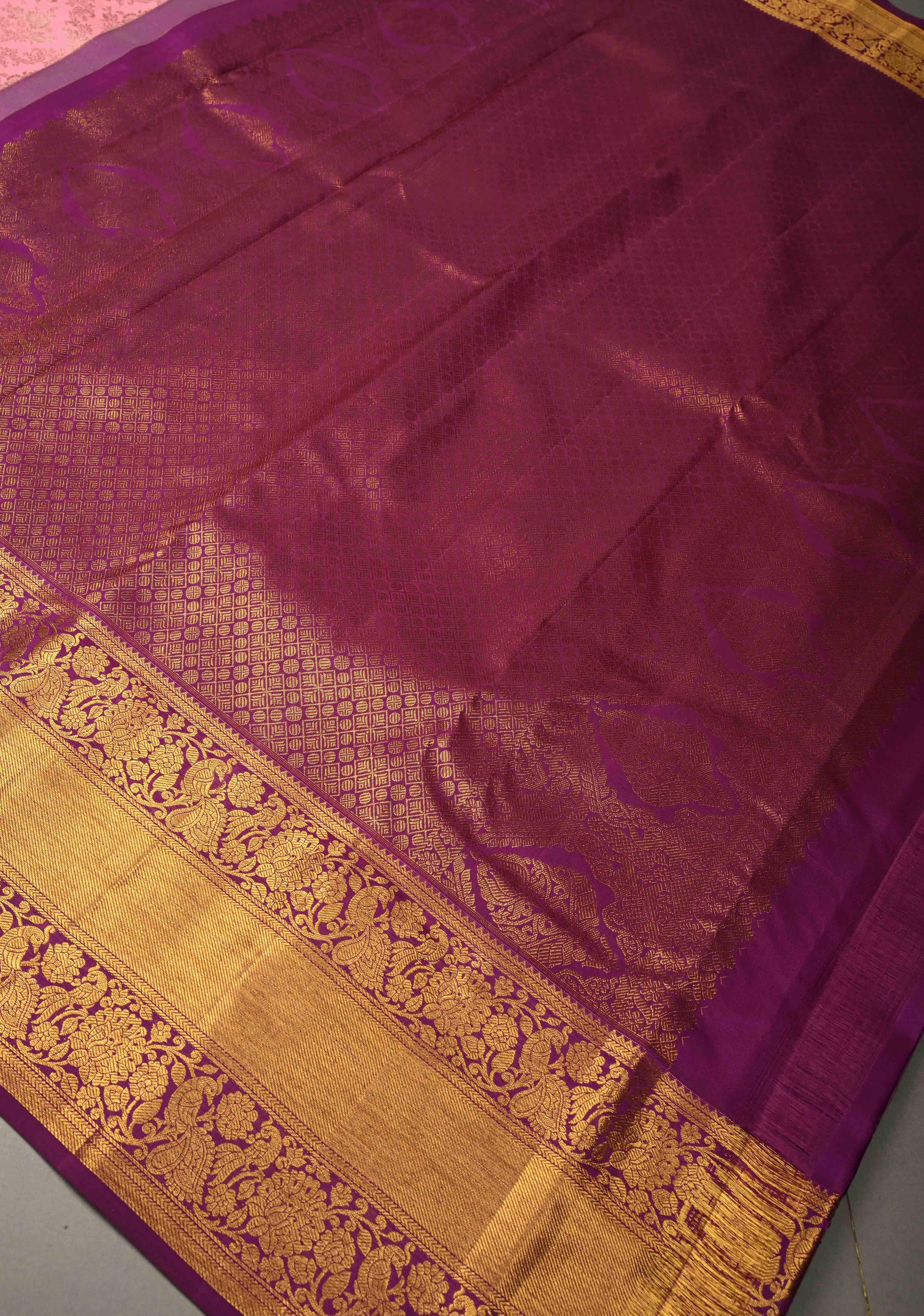Rose Pink Kanjivaram Semi Silk Saree with Floral Zari Brocade Jaal and Contrast Zari Border | Shobitam