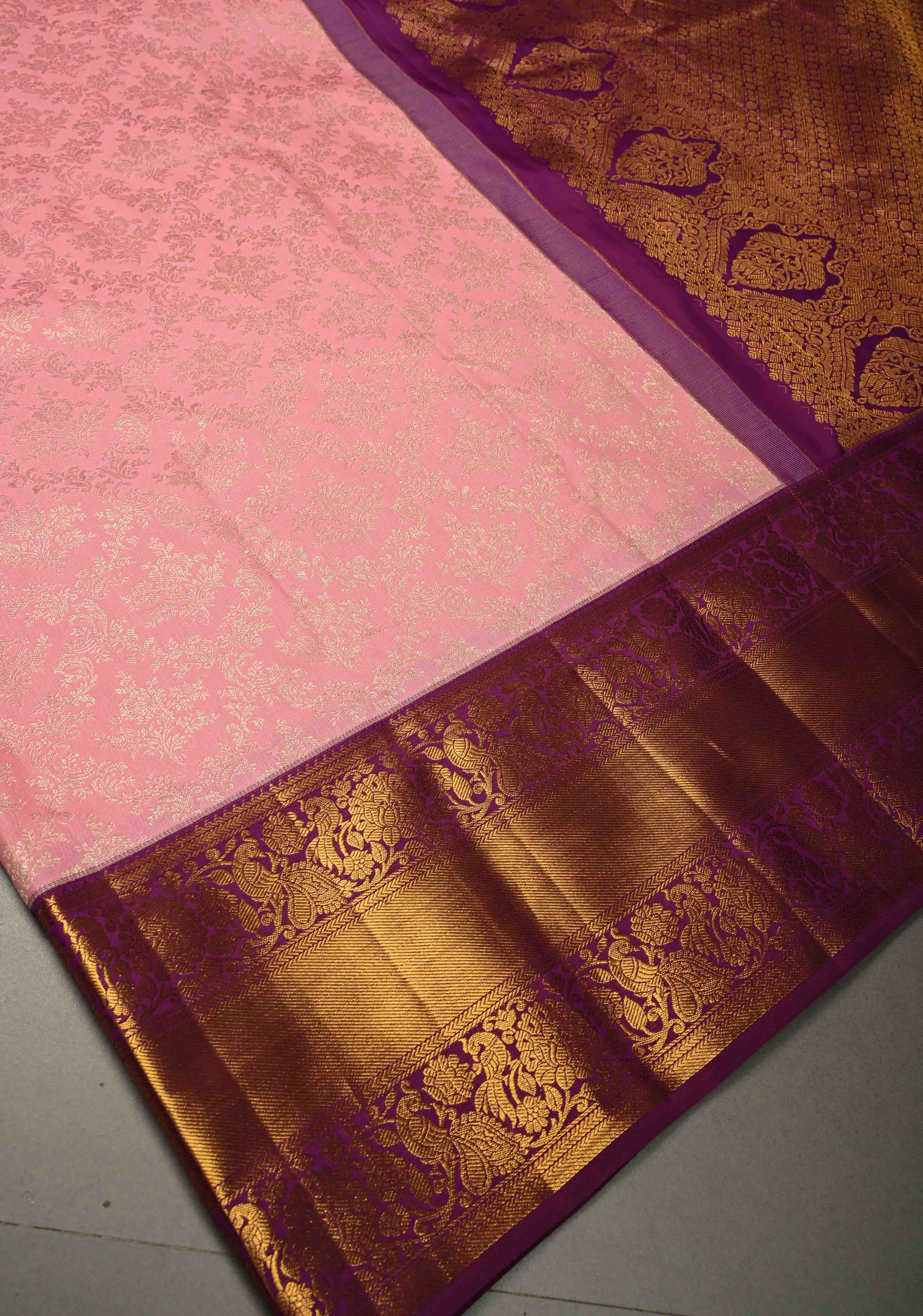 Rose Pink Kanjivaram Semi Silk Saree with Floral Zari Brocade Jaal and Contrast Zari Border | Shobitam
