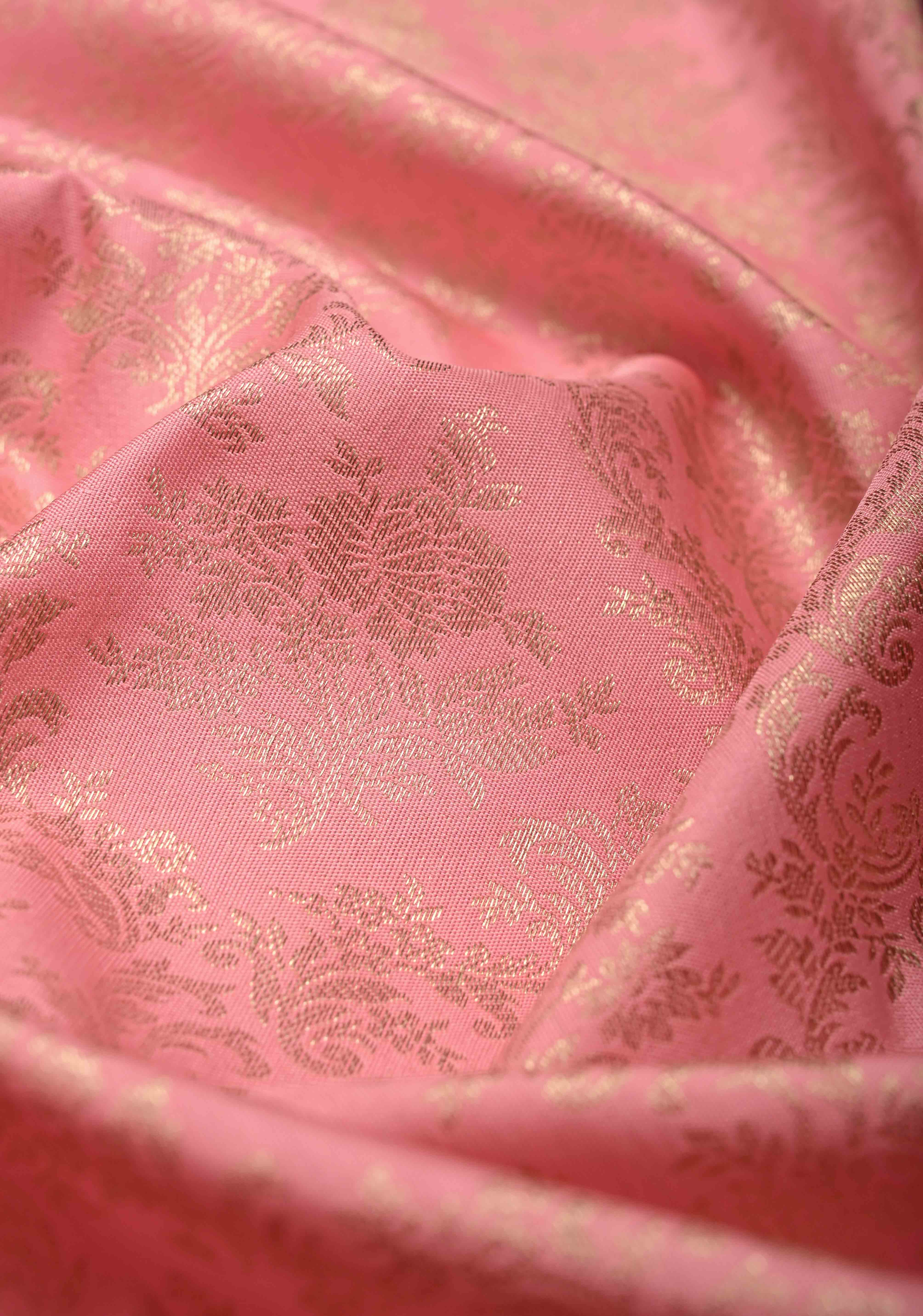 Rose Pink Kanjivaram Semi Silk Saree with Floral Zari Brocade Jaal and Contrast Zari Border | Shobitam