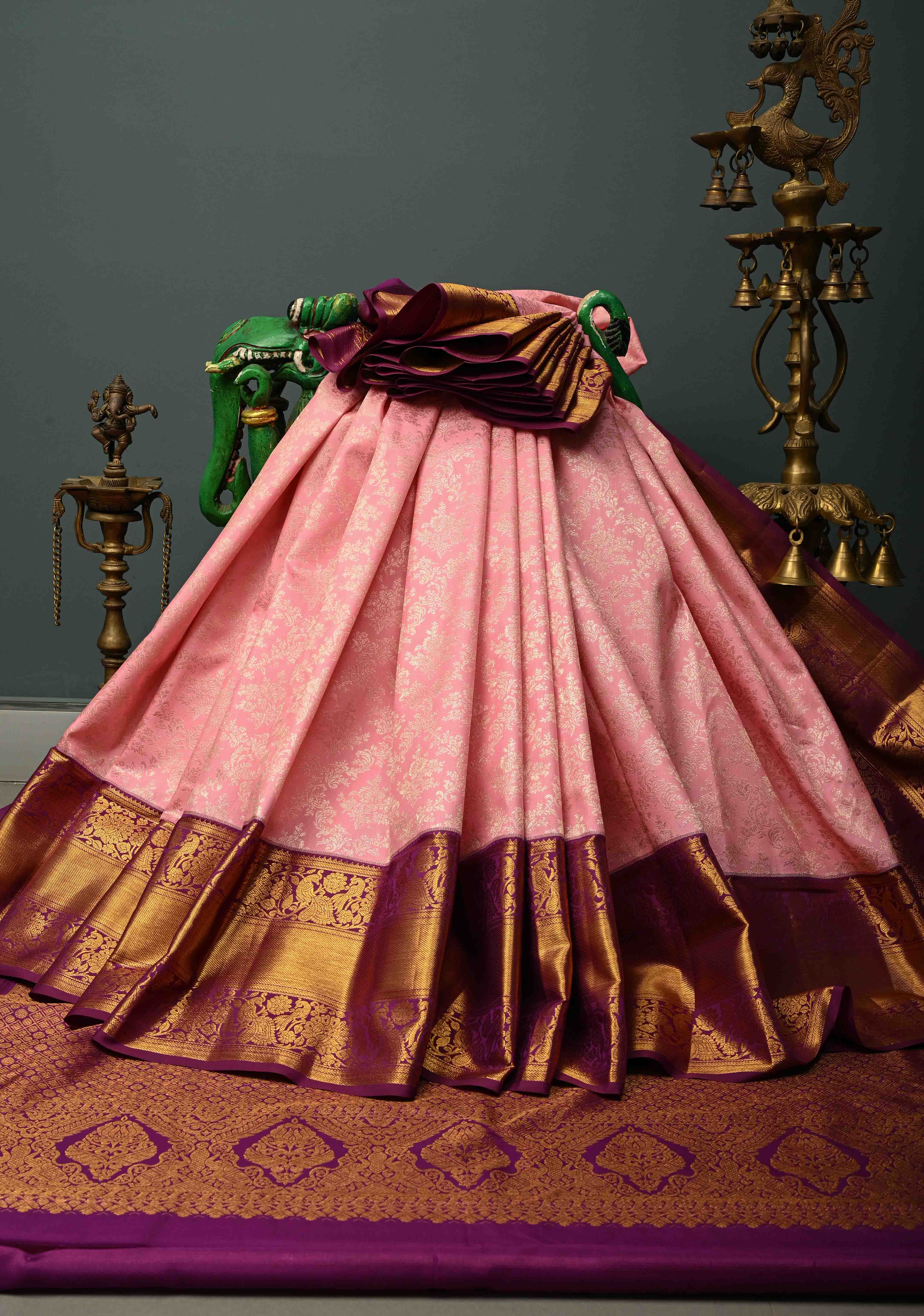 Rose Pink Kanjivaram Semi Silk Saree with Floral Zari Brocade Jaal and Contrast Zari Border | Shobitam