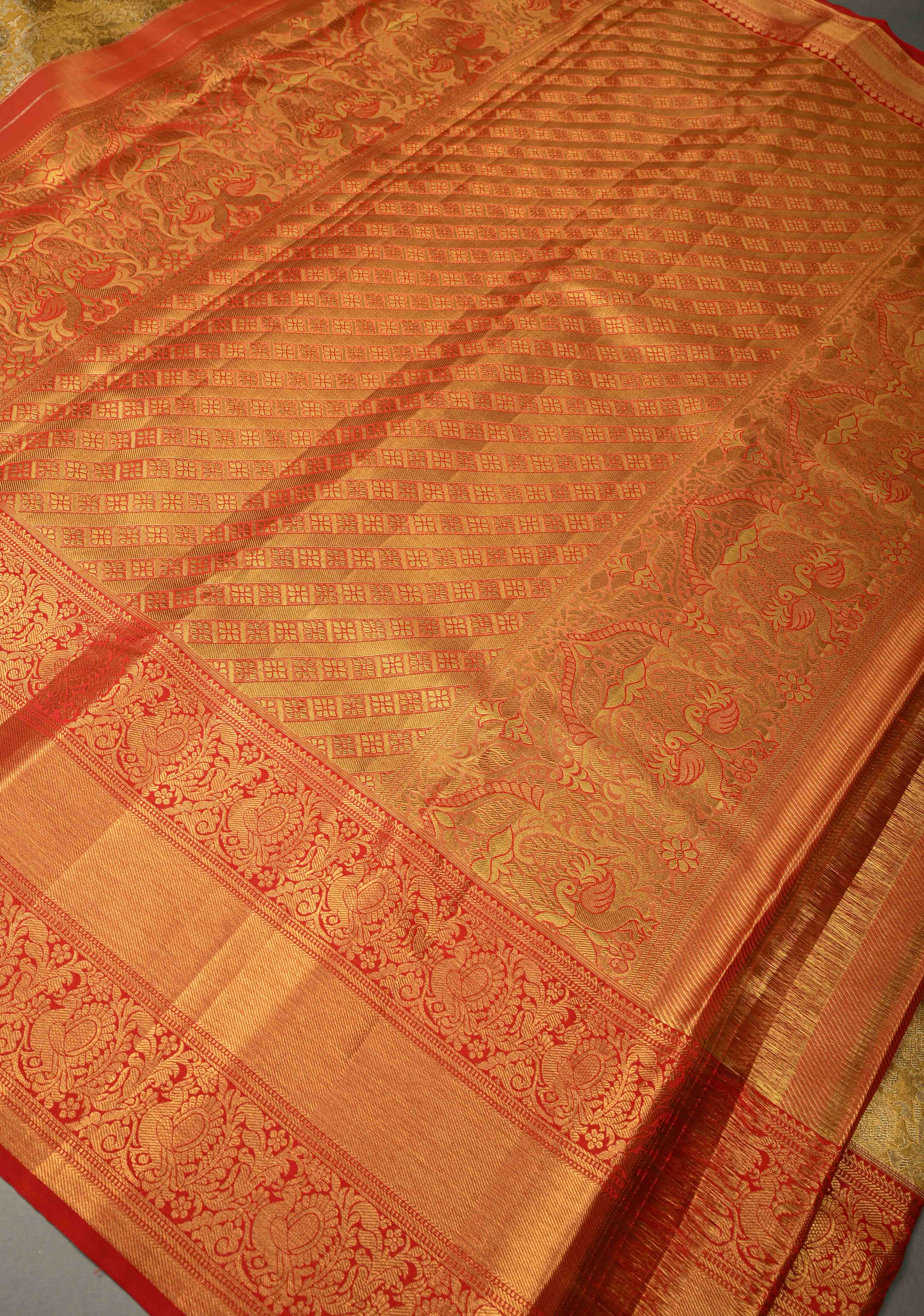 Exquisite Gold Kanjivaram Tissue Semi Silk Saree with Meenakari Floral Brocade Jaal and Contrast Zari Border | Shobitam