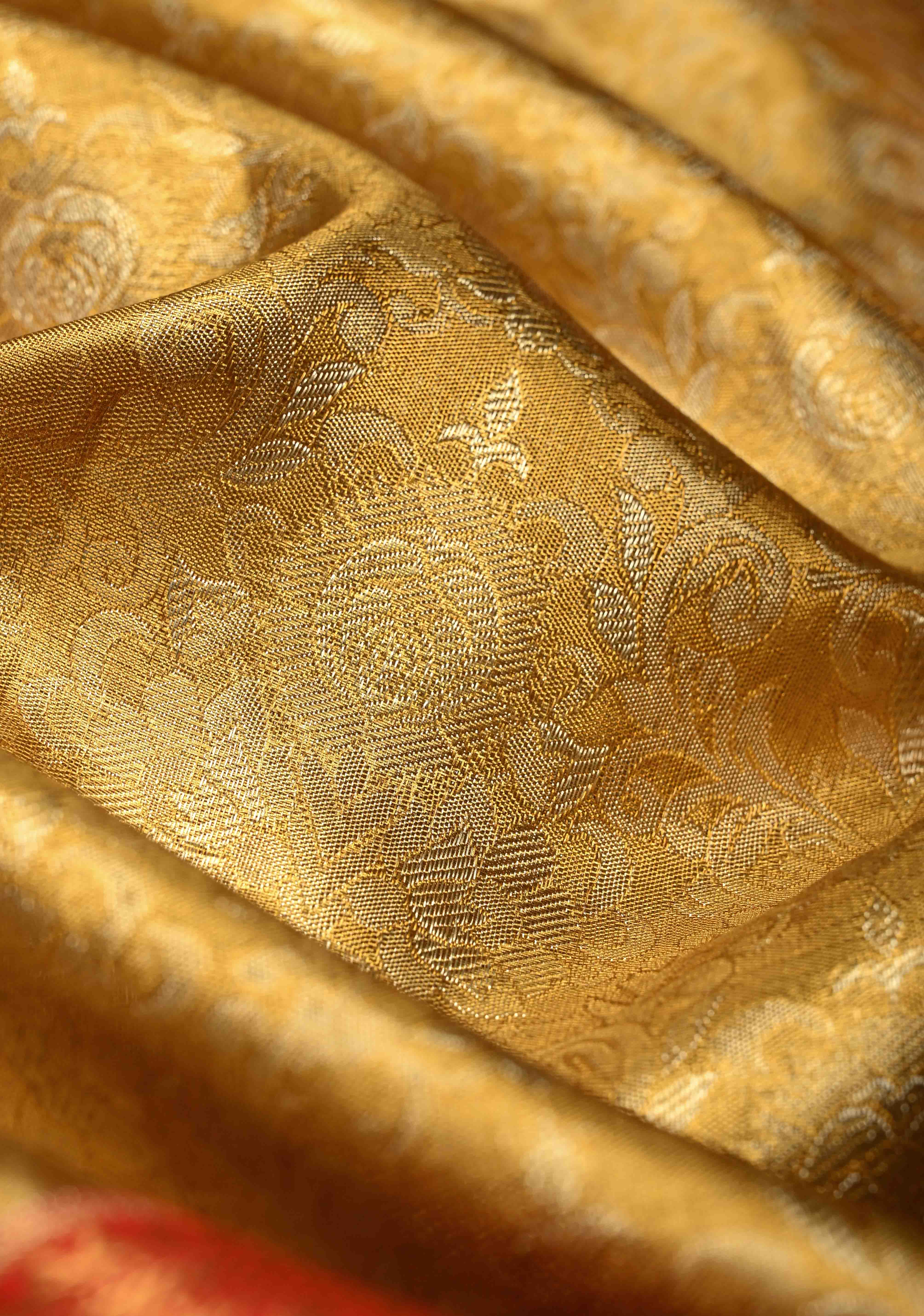 Exquisite Gold Kanjivaram Tissue Semi Silk Saree with Meenakari Floral Brocade Jaal and Contrast Zari Border | Shobitam