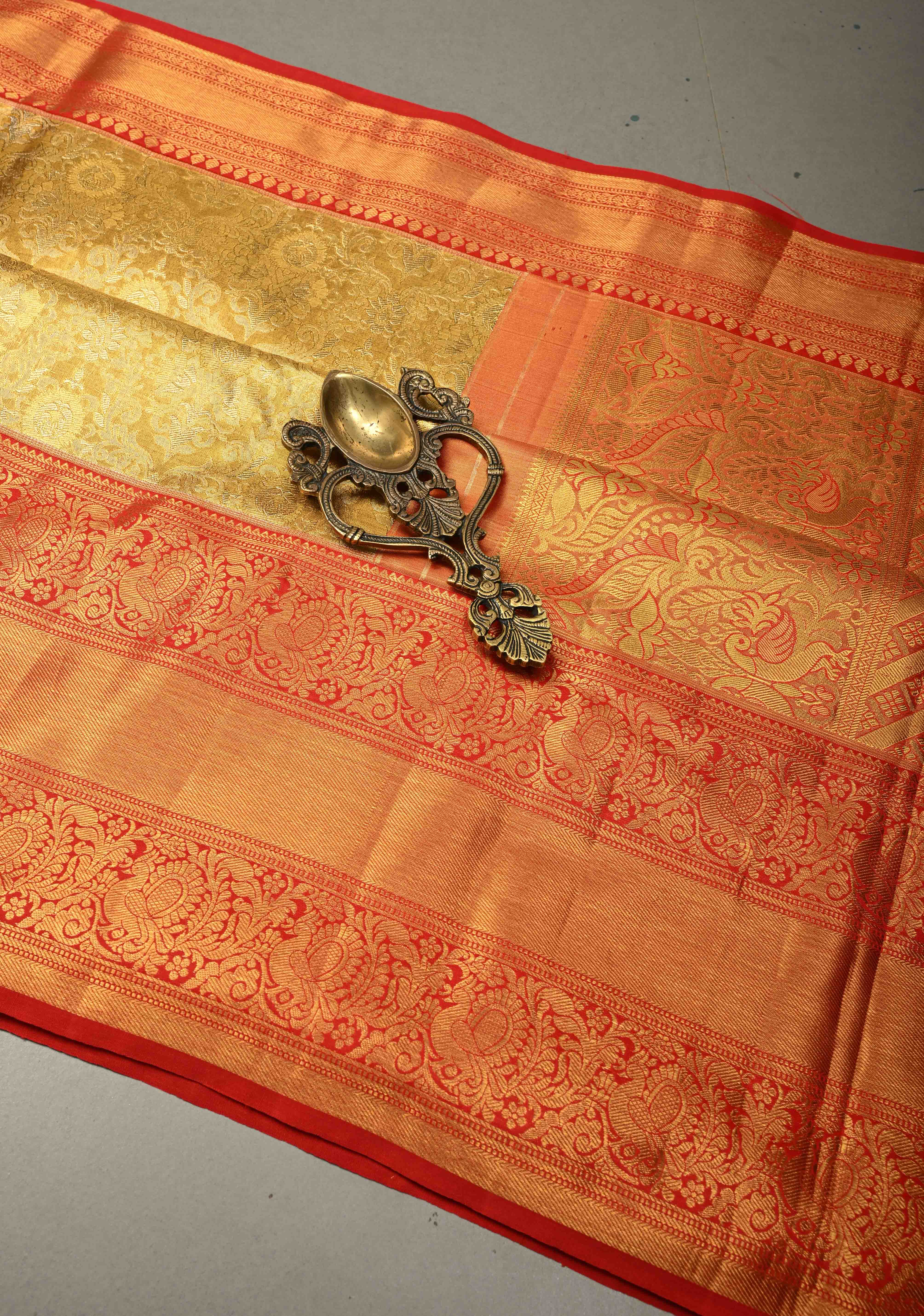 Exquisite Gold Kanjivaram Tissue Semi Silk Saree with Meenakari Floral Brocade Jaal and Contrast Zari Border | Shobitam
