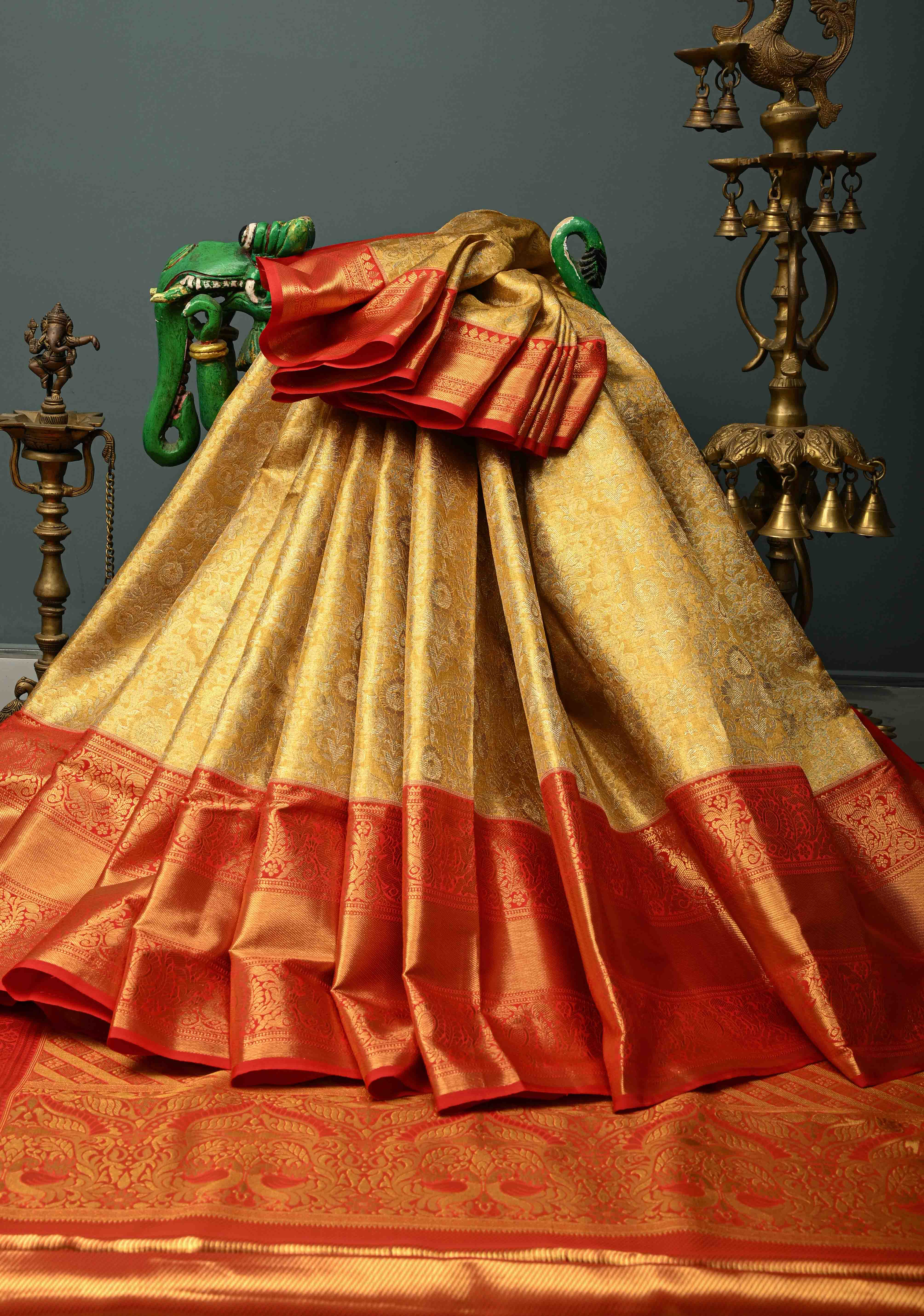 Exquisite Gold Kanjivaram Tissue Semi Silk Saree with Meenakari Floral Brocade Jaal and Contrast Zari Border | Shobitam
