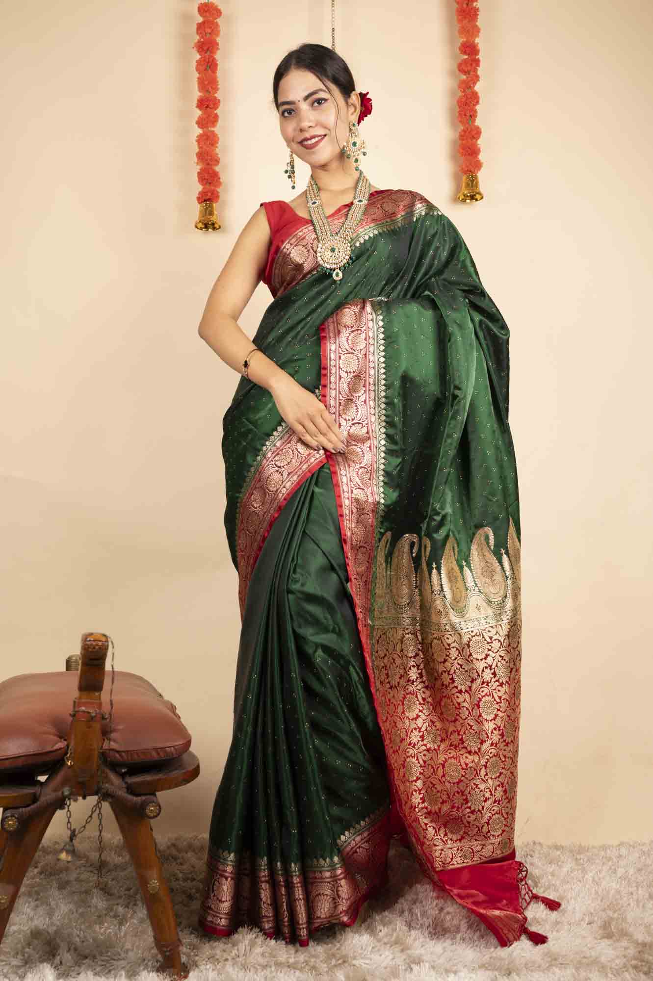 Ready To Wear  Banarasi Silk With Zari  Embroidery & Sequin all over Wrap In One Minute Saree - Isadora Life