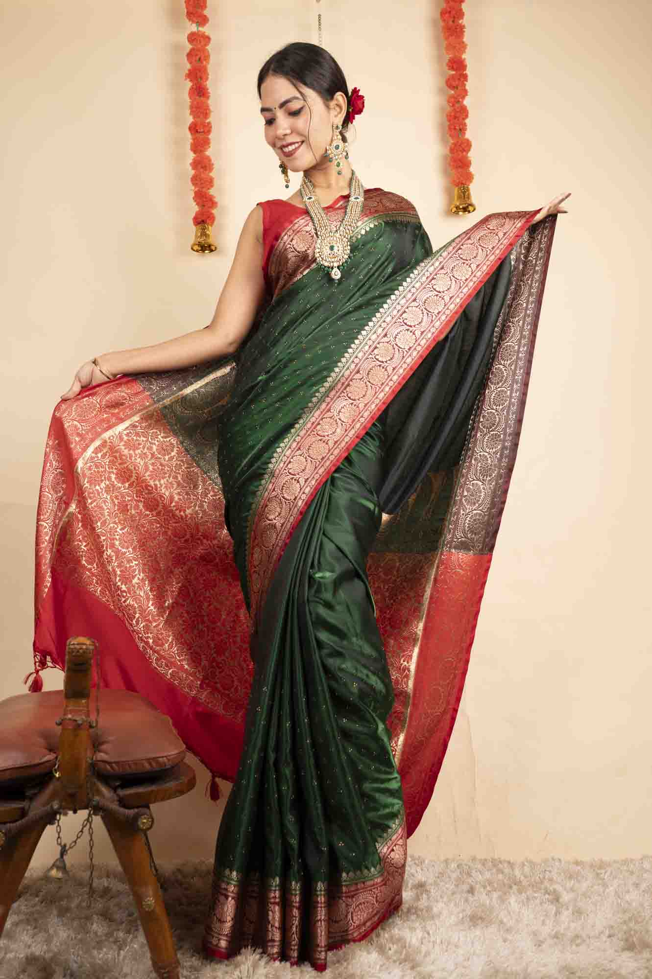 Ready To Wear  Banarasi Silk With Zari  Embroidery & Sequin all over Wrap In One Minute Saree - Isadora Life