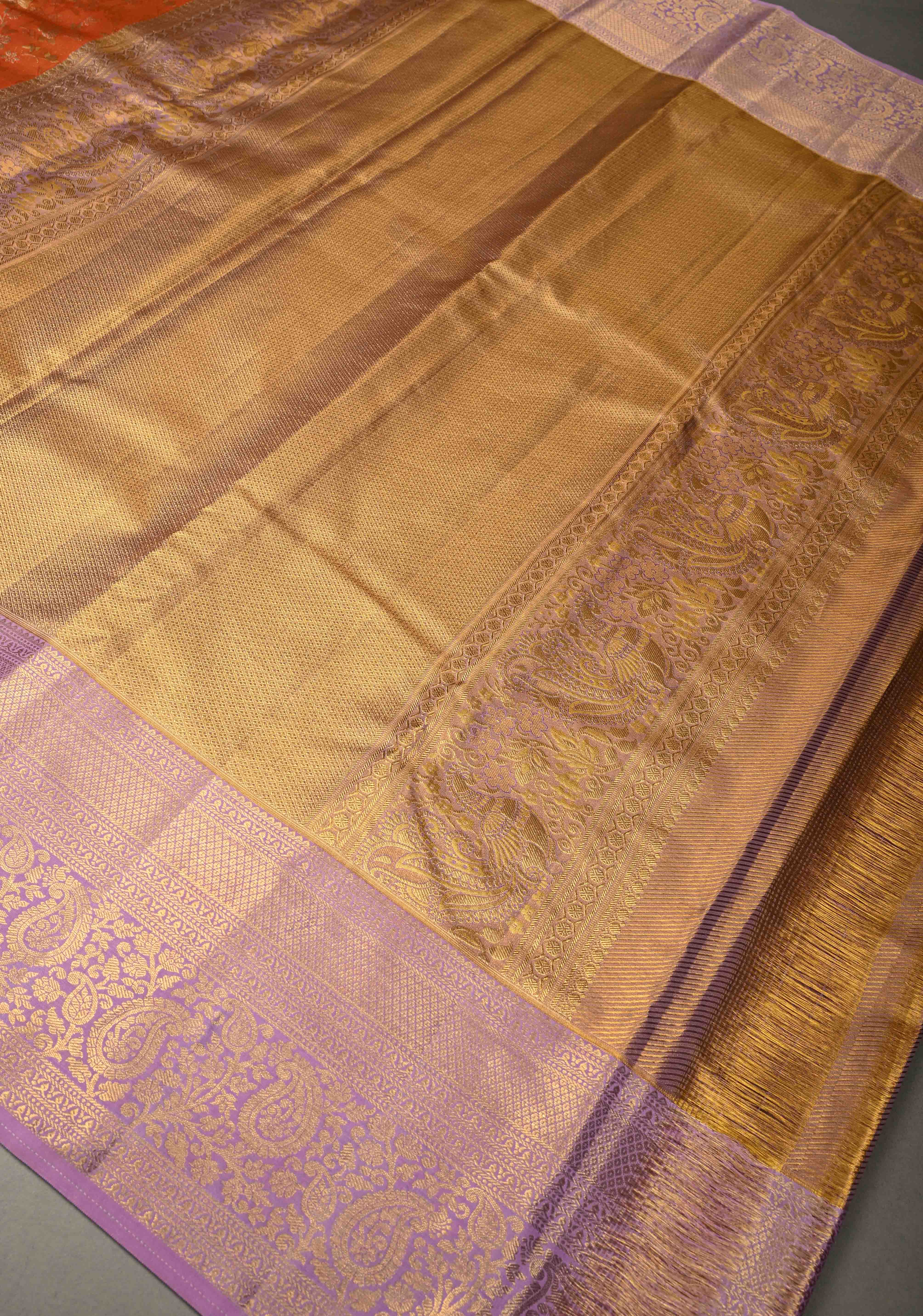 Orange  Kanjivaram Tissue Semi Silk Saree with Meenakari Floral Brocade Jaal and Contrast Zari Border | Shobitam