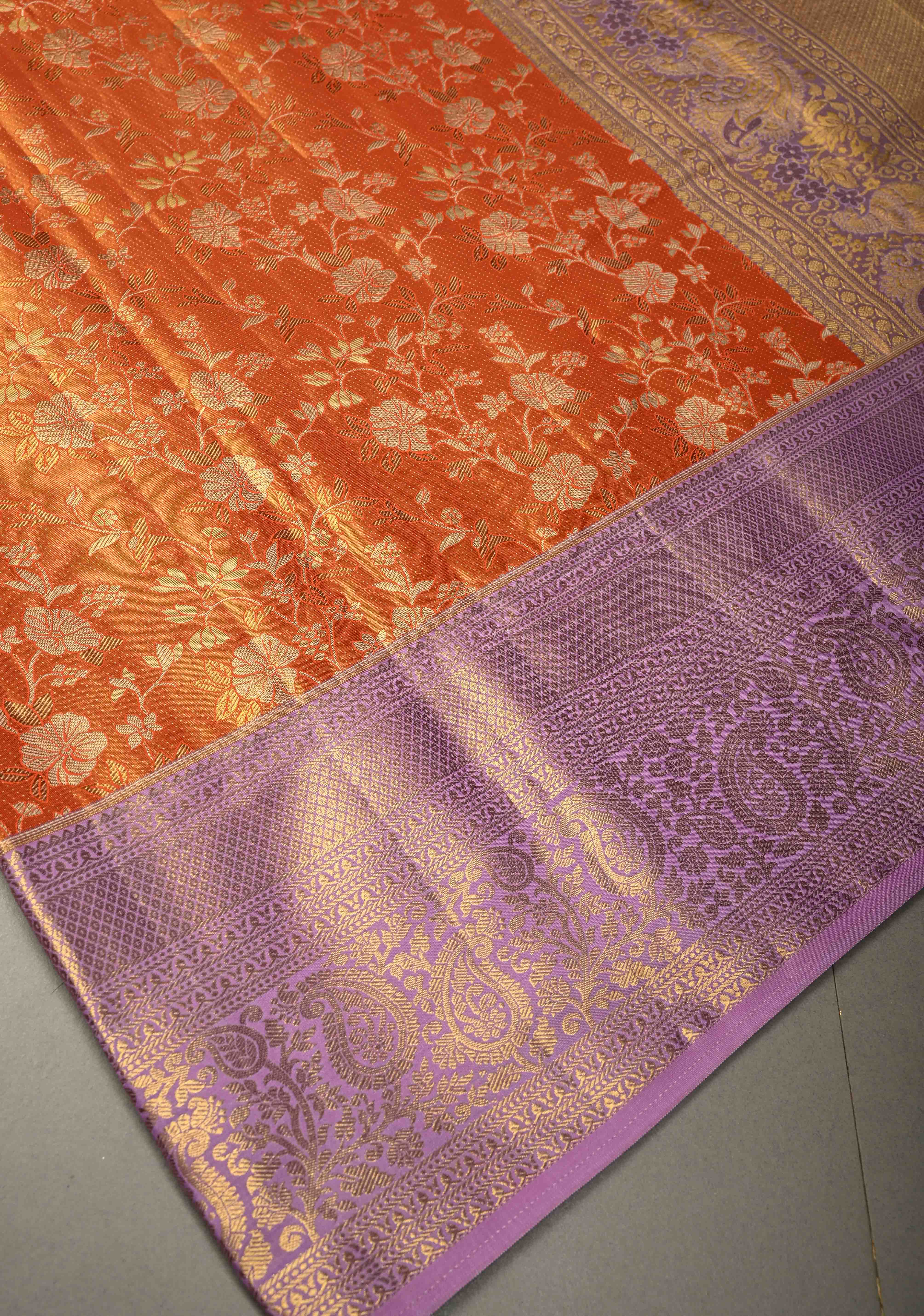 Orange  Kanjivaram Tissue Semi Silk Saree with Meenakari Floral Brocade Jaal and Contrast Zari Border | Shobitam