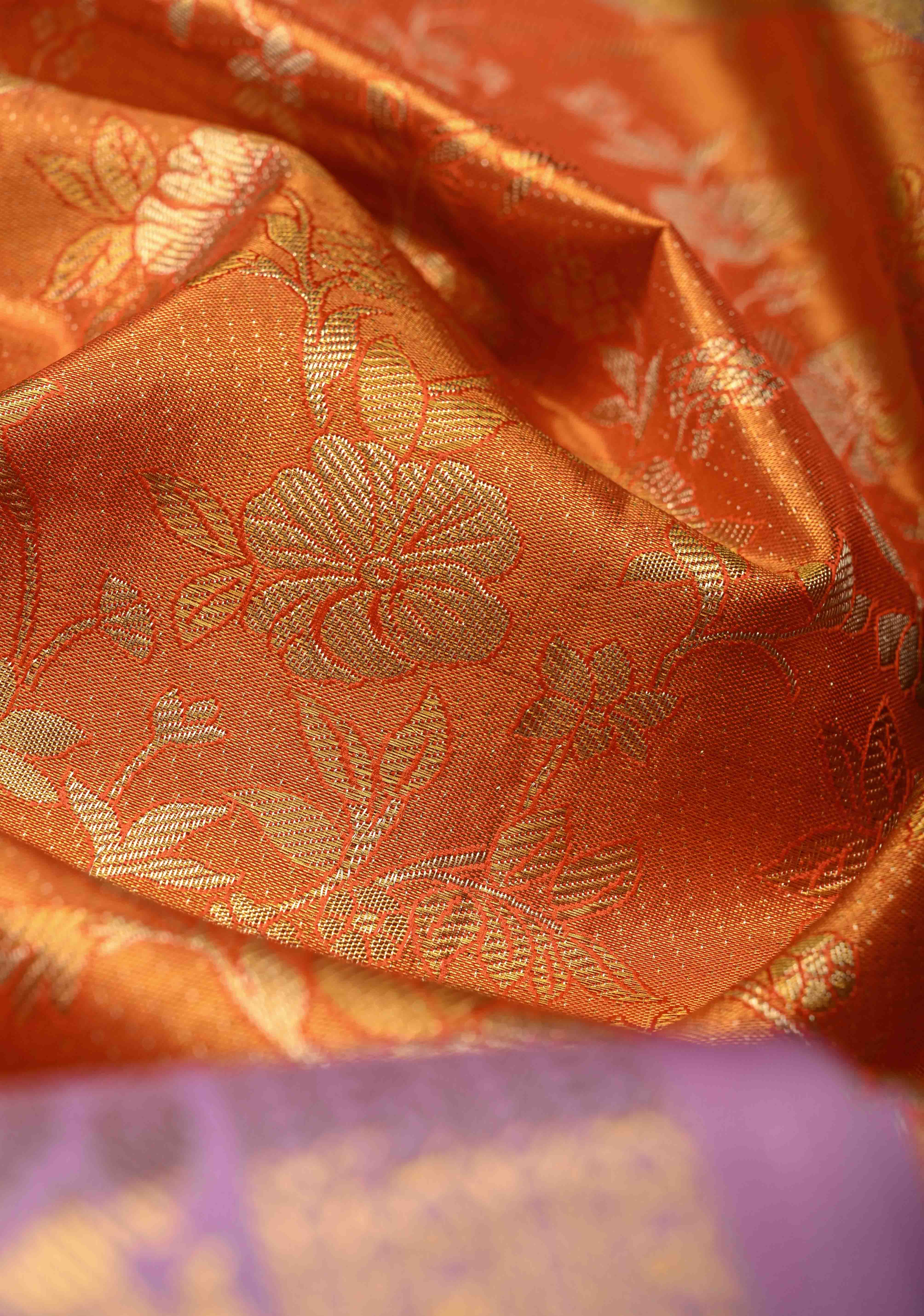 Orange  Kanjivaram Tissue Semi Silk Saree with Meenakari Floral Brocade Jaal and Contrast Zari Border | Shobitam