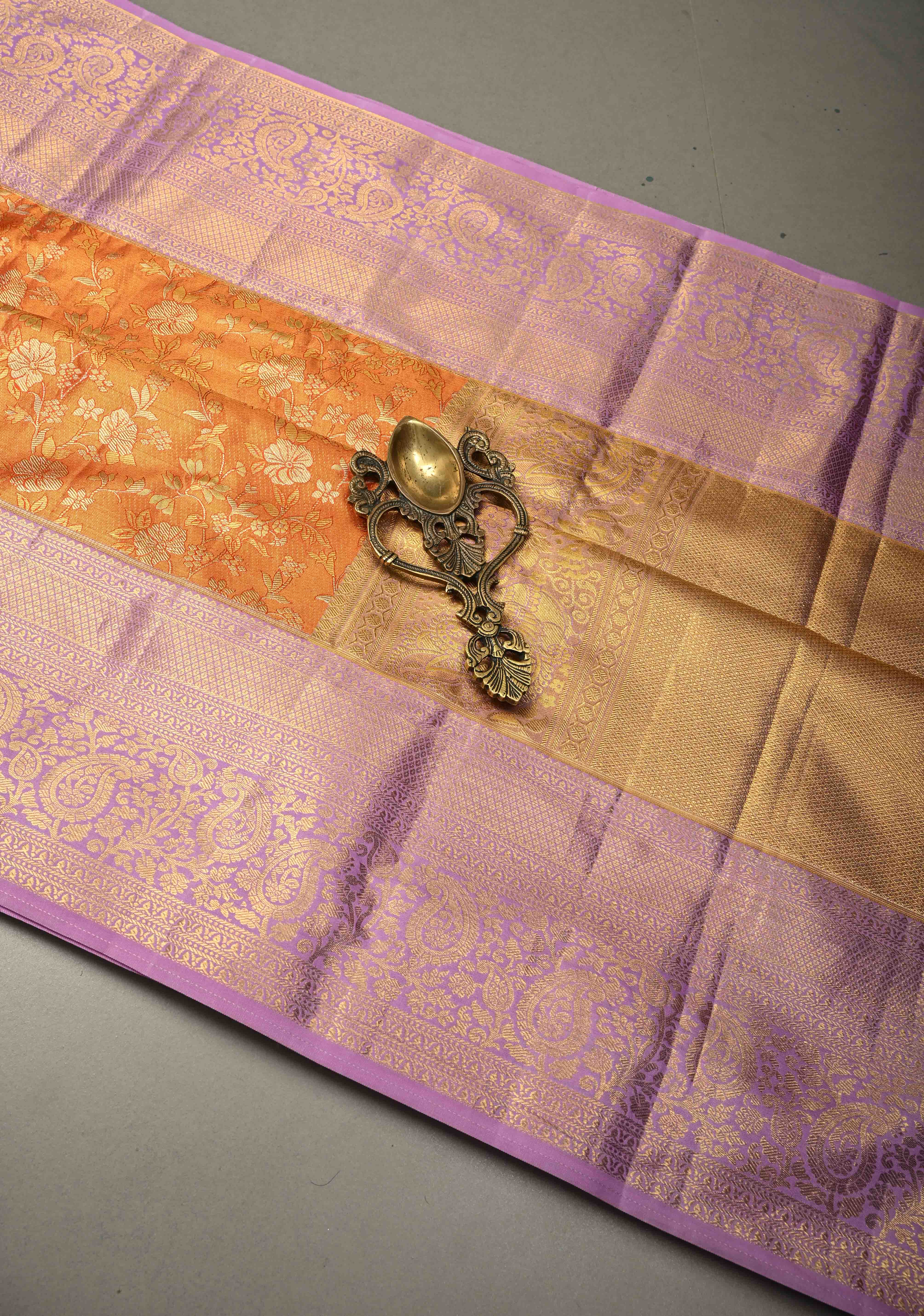 Orange  Kanjivaram Tissue Semi Silk Saree with Meenakari Floral Brocade Jaal and Contrast Zari Border | Shobitam