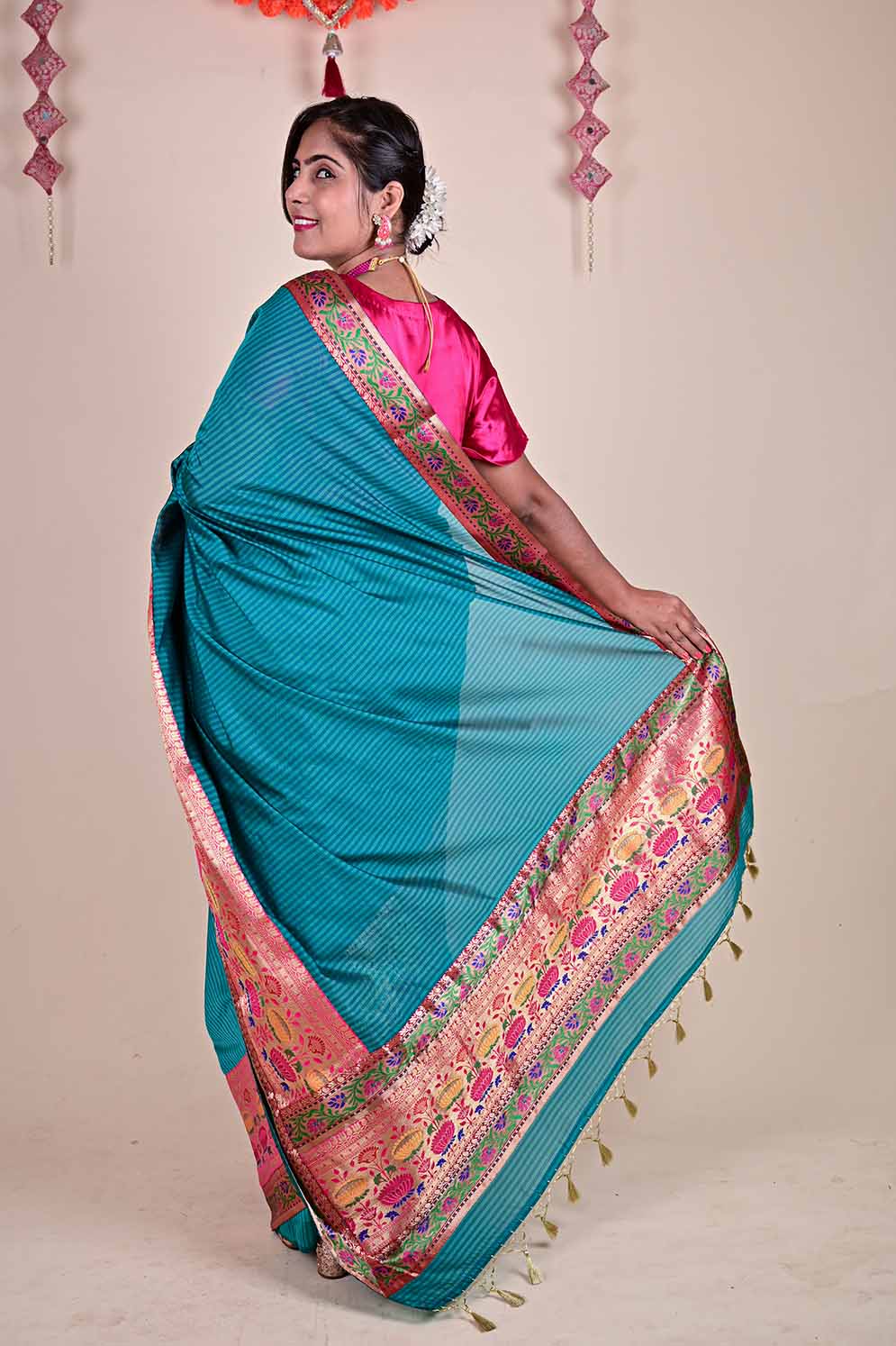 Beautiful Green Banarasi Saree with Pink Paithani Pallu work wrap in 1 minute saree - Isadora Life