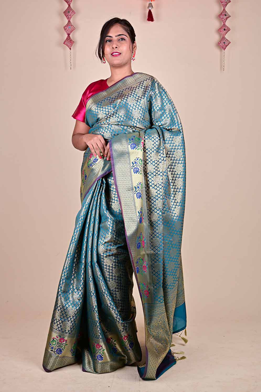 Mehendi green dhoop chaanv banarasi meenkari border stitched pleated wrap in 1 minute saree - Isadora Life