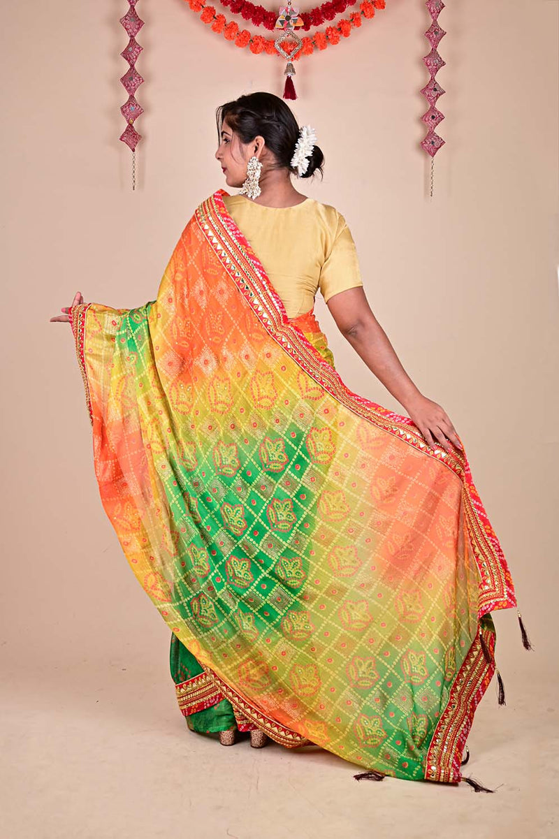 Prepossessing Green Bandhej With Gota Patti Border Wrap In One Minute Saree With Readymade Blouse - Isadora Life