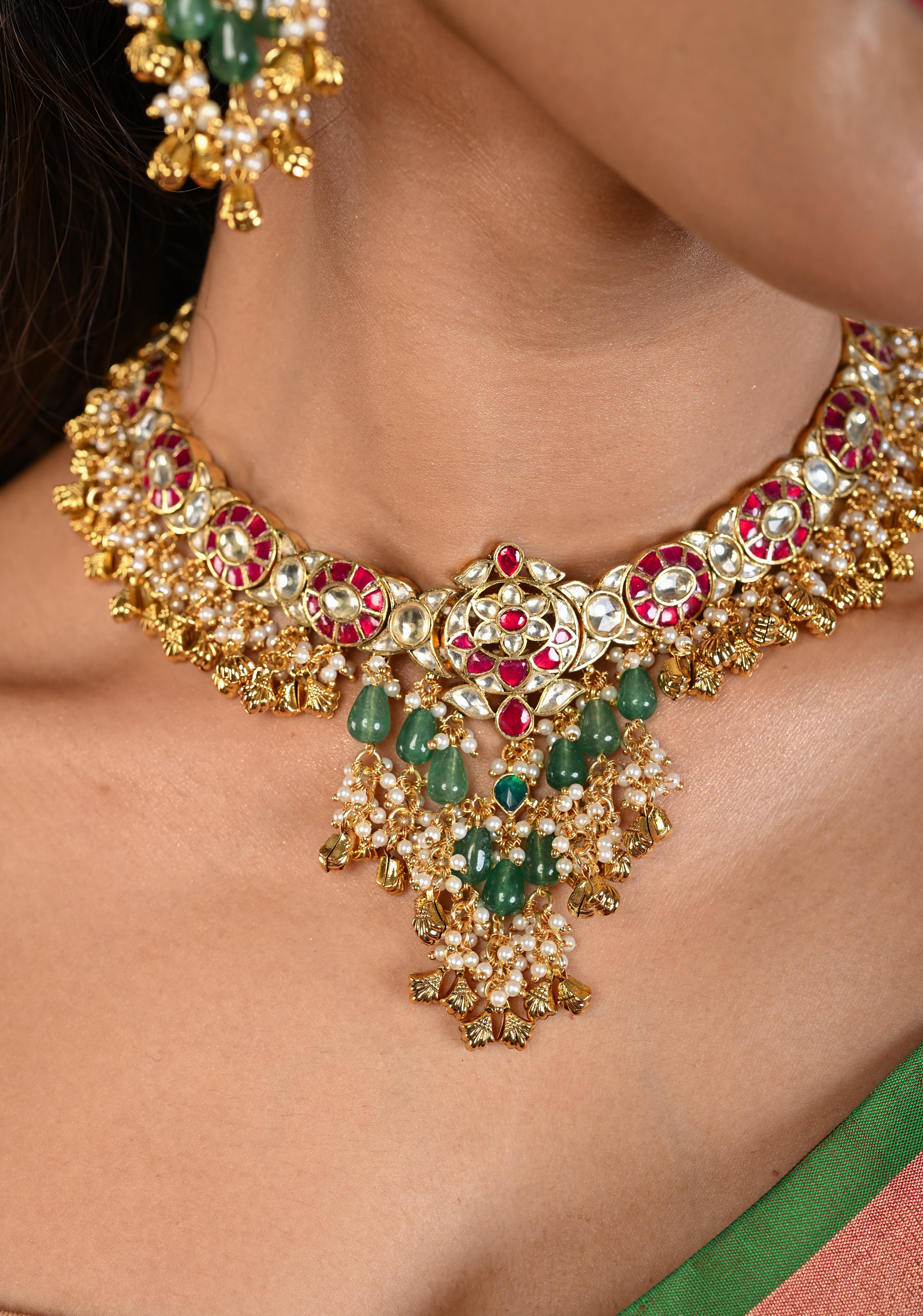 Ahmedabadi Jadau Kundan Necklace Set with Dangling beads | SHOBITAM