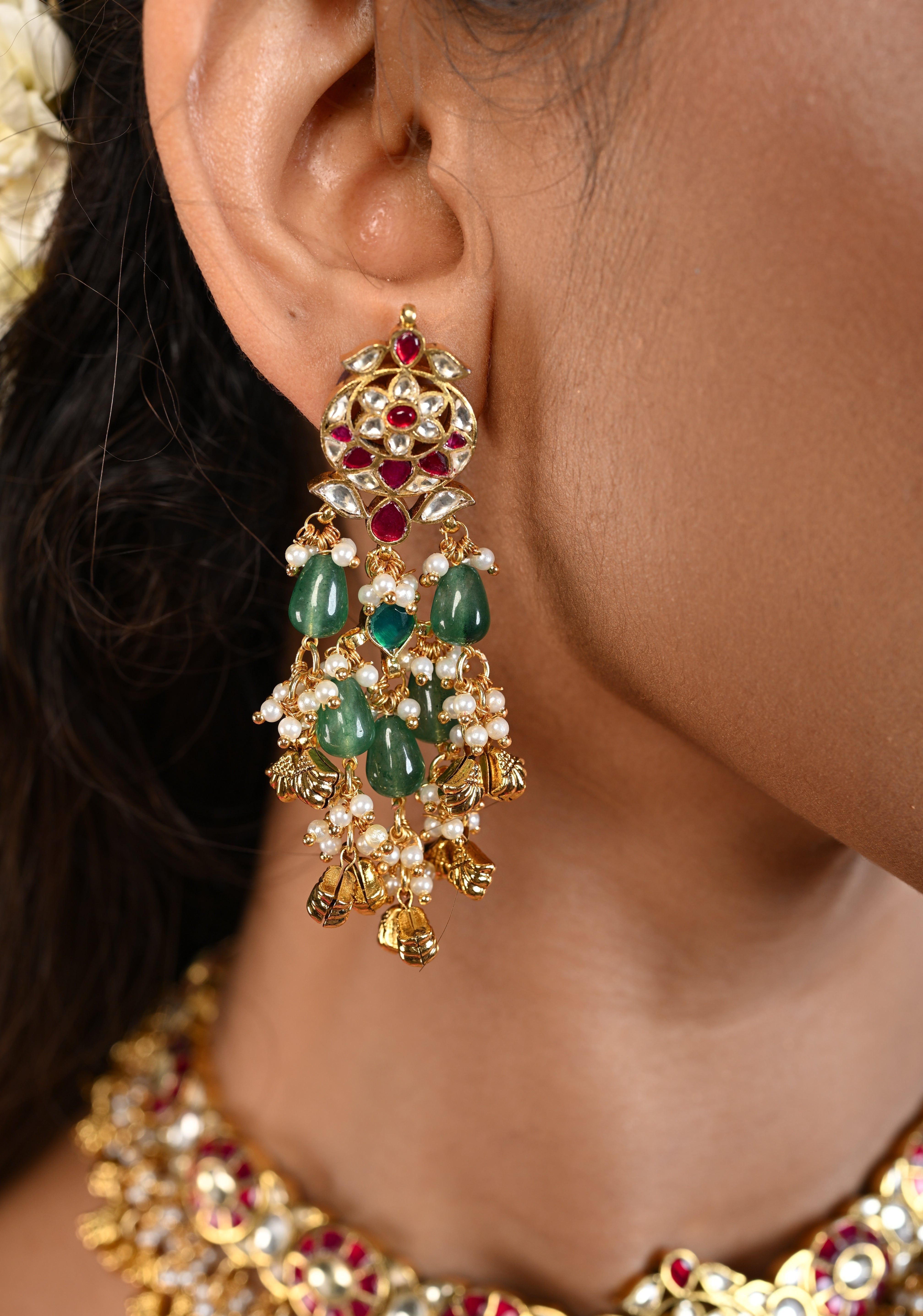 Ahmedabadi Jadau Kundan Necklace Set with Dangling beads | SHOBITAM