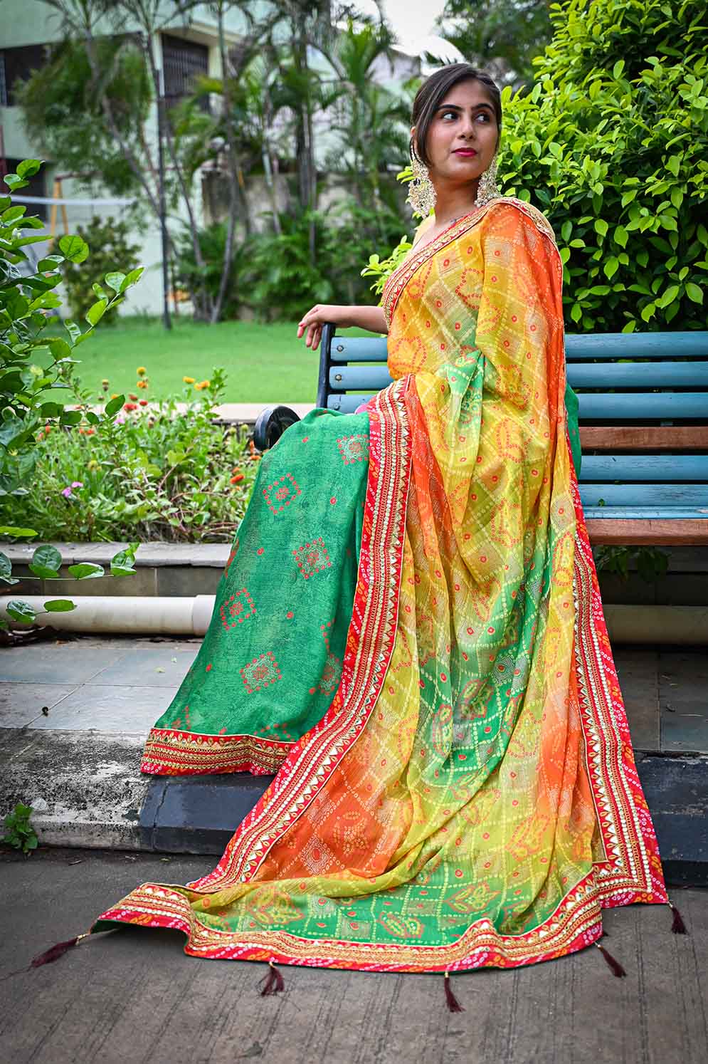 Thread Embroidered Chinon Silk Bottle Green Saree With Peach Blouse –  tapee.in